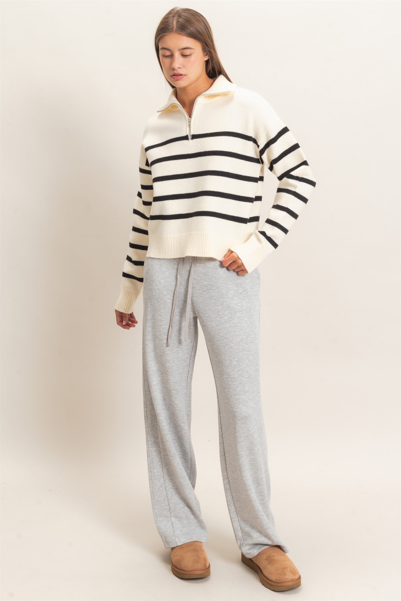 Wholesale Half-Zip Collared Stripe Sweater Sweaters DZ26E950 CREAM DOUBLE ZERO