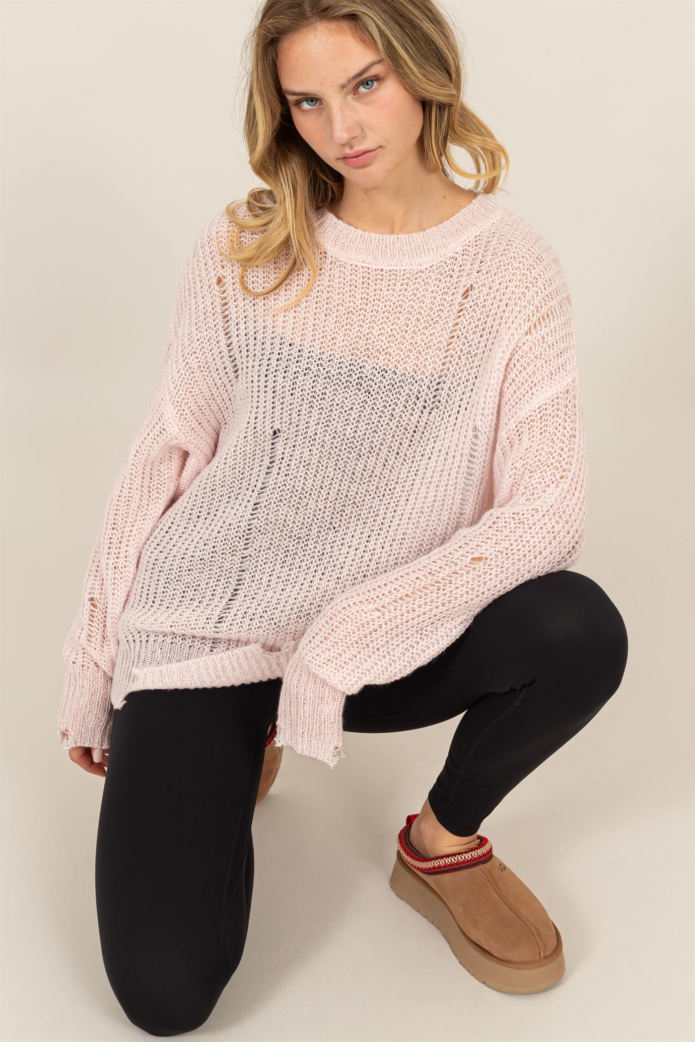 Wholesale Distressed Knit Sweater Sweaters DZ23F192 PALE PINK DOUBLE ZERO