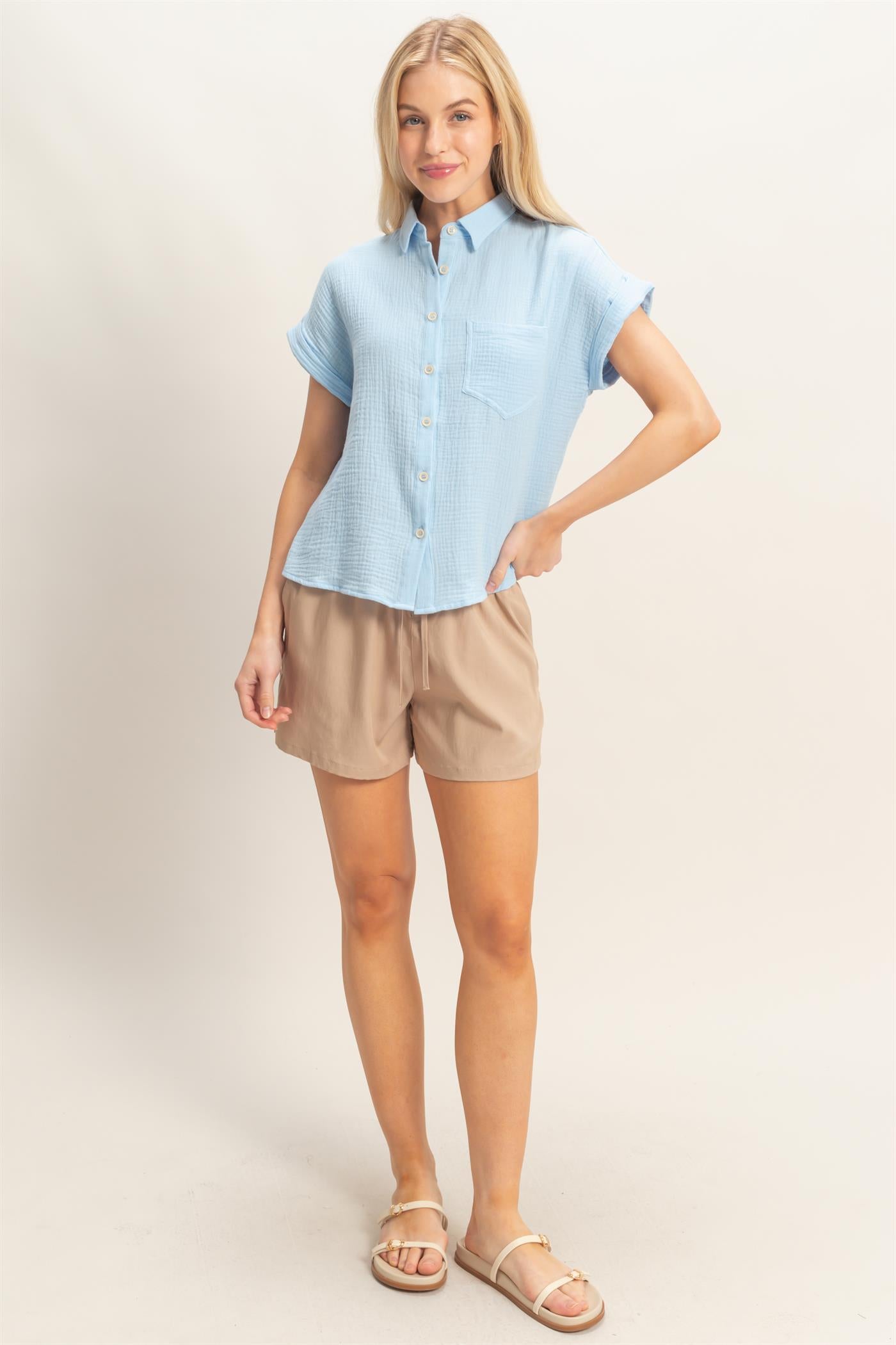 Wholesale Rolled Sleeve Button-Up Top Clothing Tops HF26E526 BLUE HYFVE
