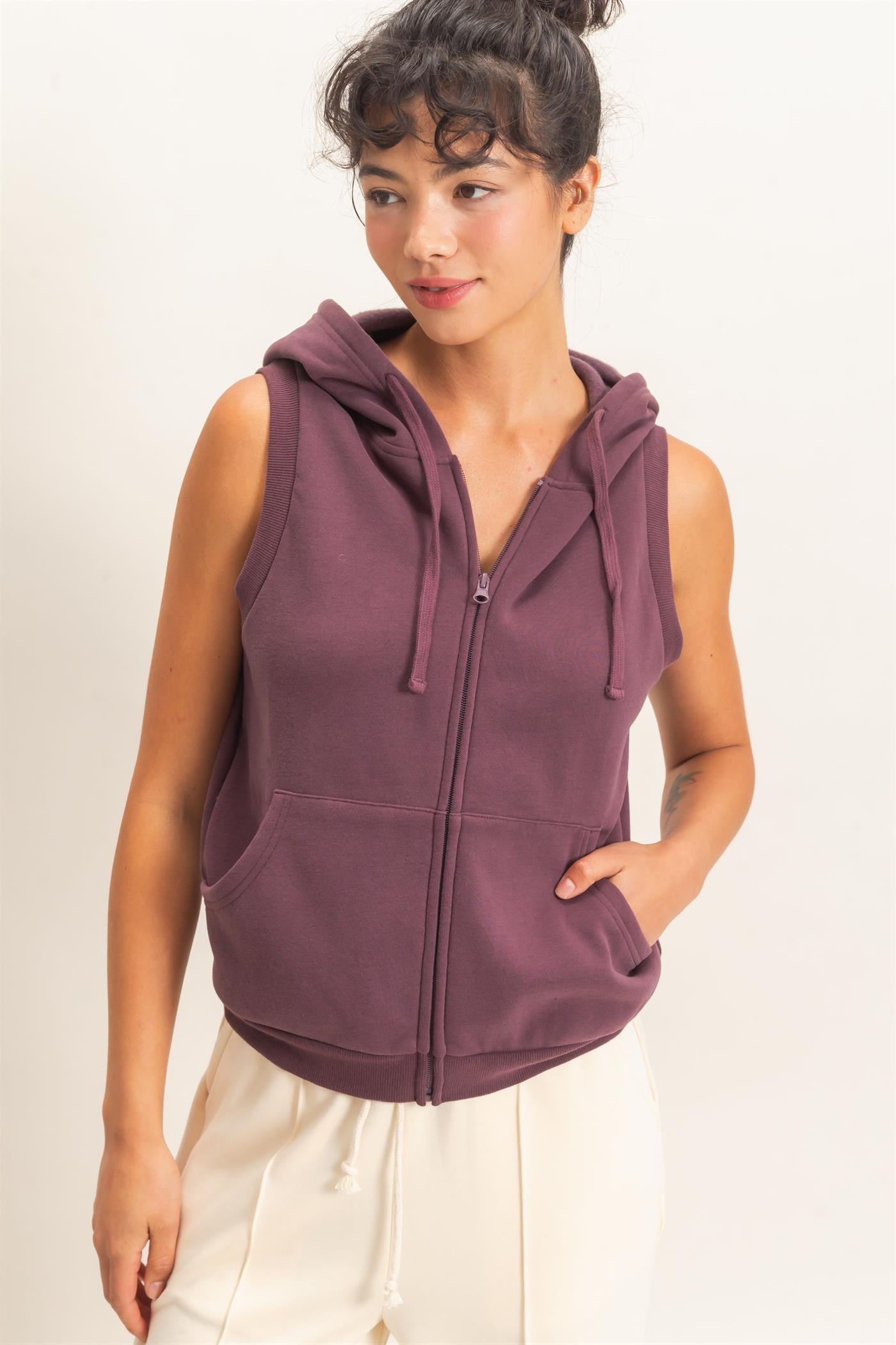 Wholesale Sleeveless Zip Up Hoodie Hoodies DZ26E330 COCOA DOUBLE ZERO