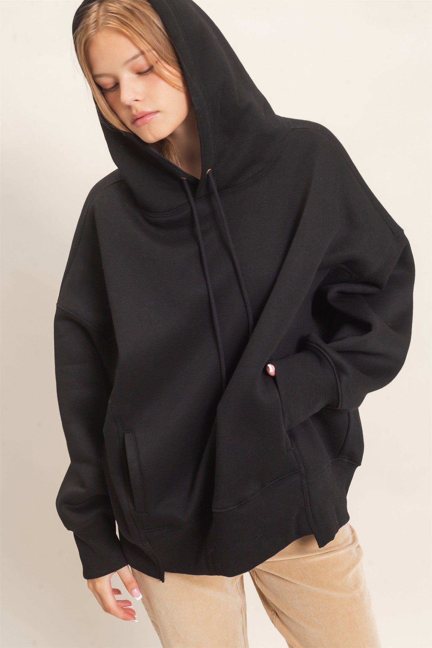 Wholesale Enzyme Wash Drop Shoulder Hoodie Hoodies HF26E235 BLACK HYFVE