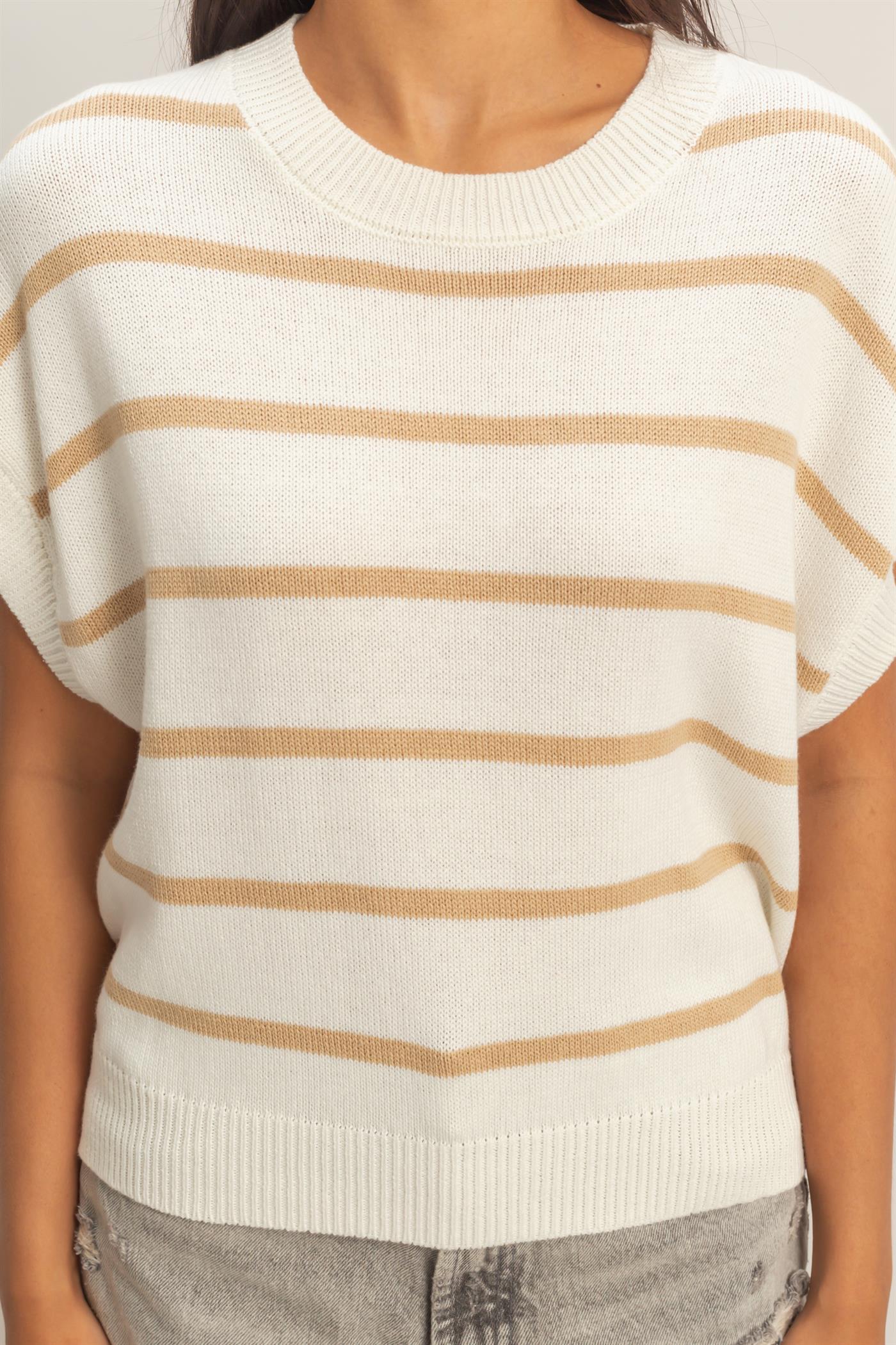 Wholesale Striped Crew Neck Knit Top Clothing Tops DZ26A740 TAUPE DOUBLE ZERO