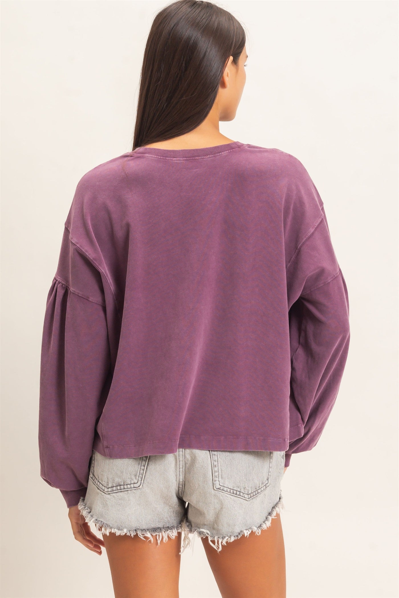 Wholesale Mineral Wash Puff Long Sleeve Boxy Top Clothing Tops DZ26F402 DARK CHERRY DOUBLE ZERO
