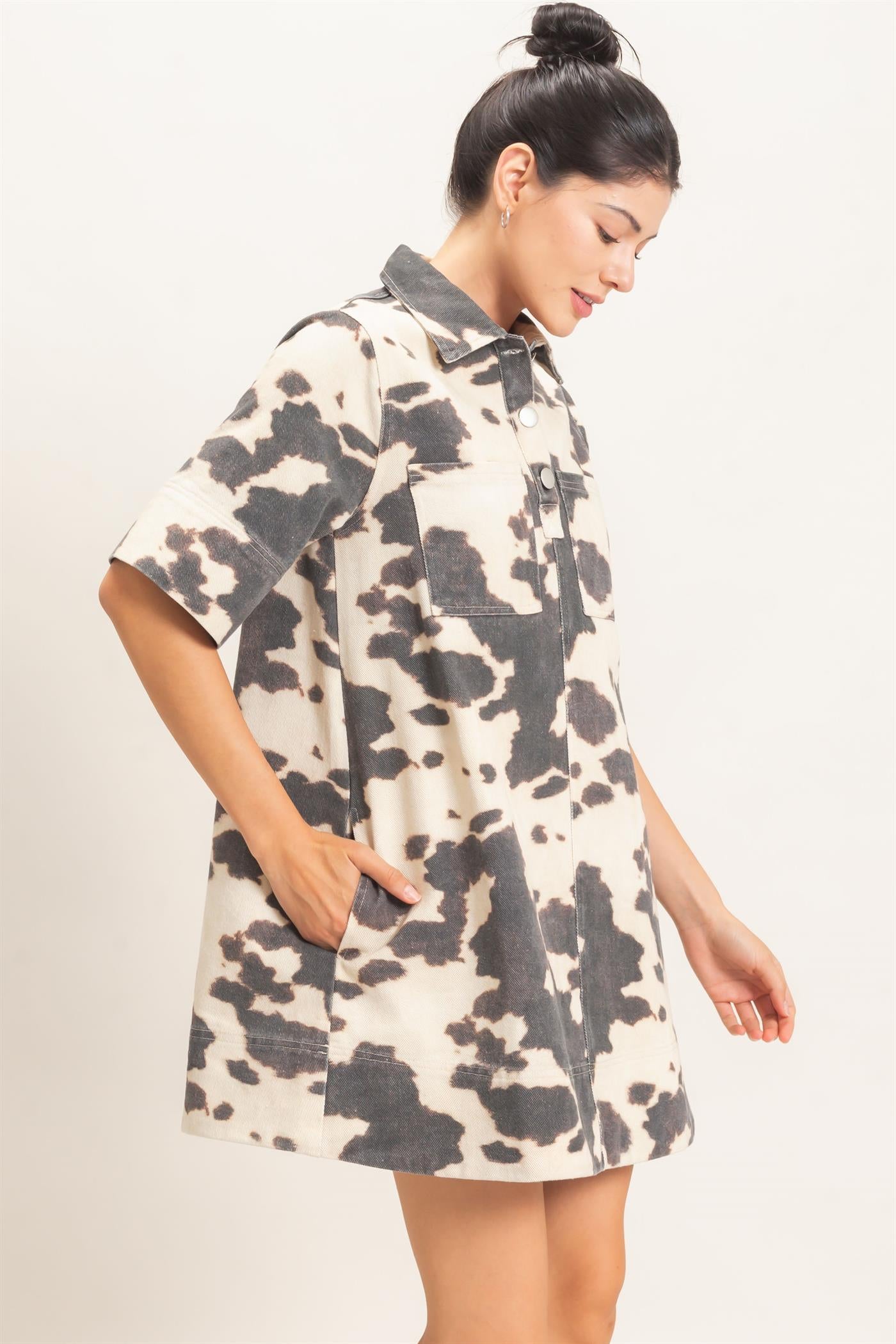 Wholesale Cow Print Short Sleeve Dress Dresses HF26E826 BLACK HYFVE