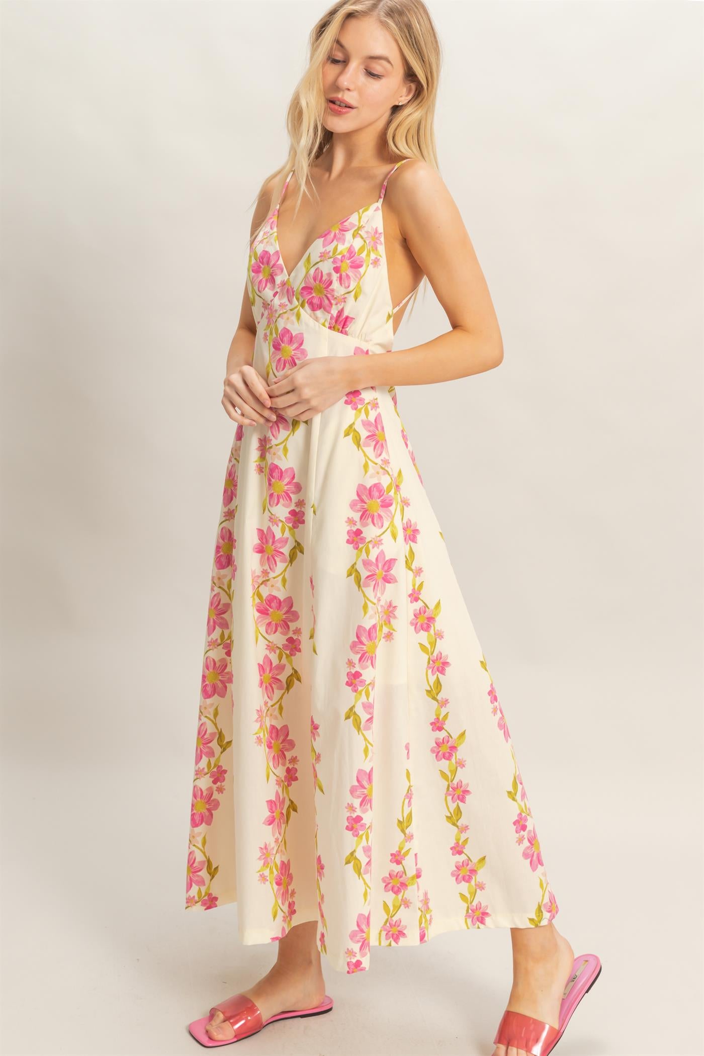 Wholesale Floral V-Neck Cami Dress Dresses HF26A493 PINK HYFVE