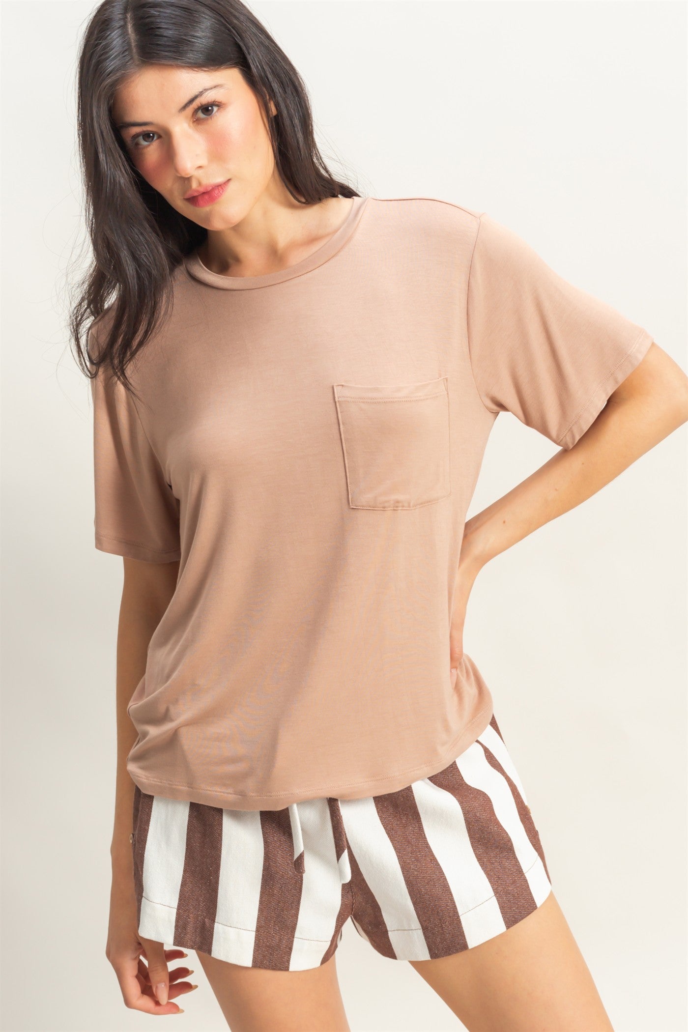 Wholesale Basic Oversized Pocket Tee Clothing Tops DZ25E309 DARK TAUPE DOUBLE ZERO