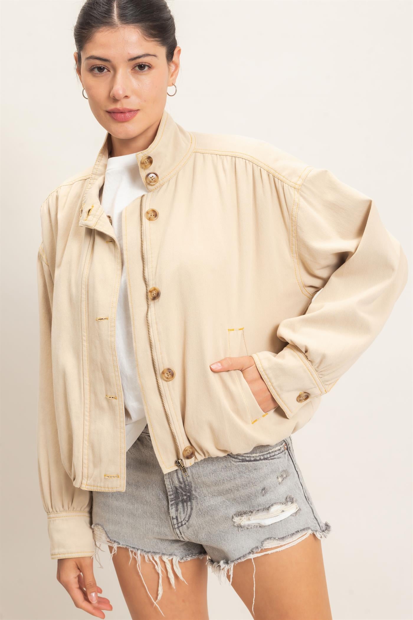 Wholesale High Collar Denim Bomber Jacket Coats & Jackets HF26E090-D BEIGE HYFVE