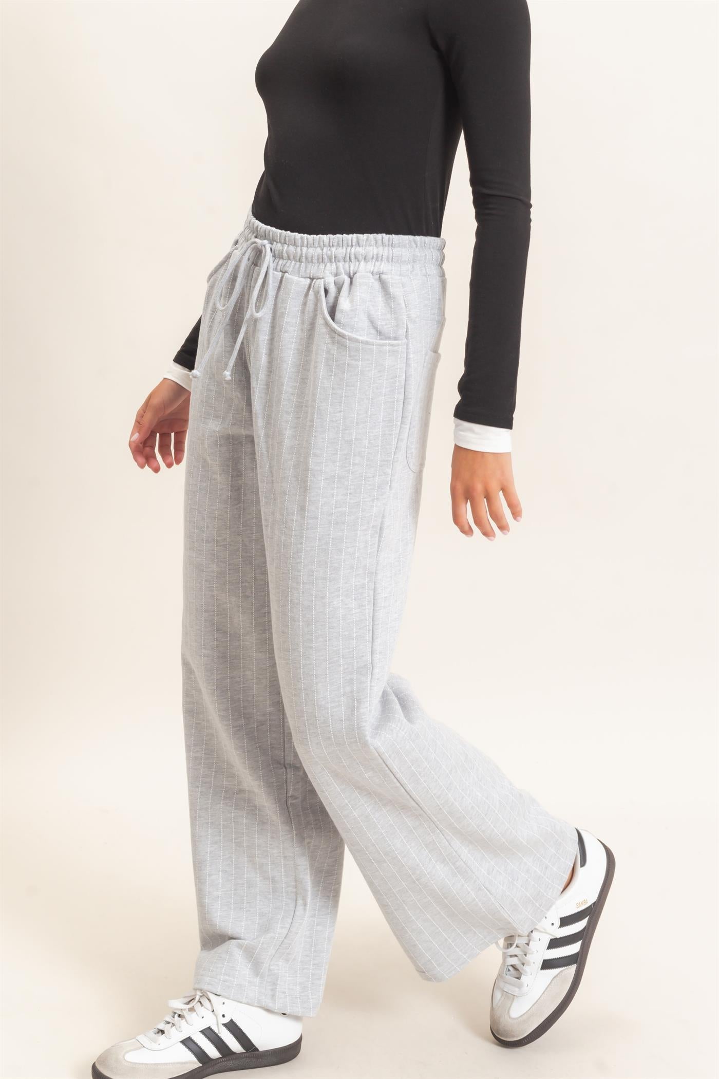 Wholesale Pinstripe Elastic Waist Sweatpants Pants DZ26A813 HEATHER GRAY DOUBLE ZERO