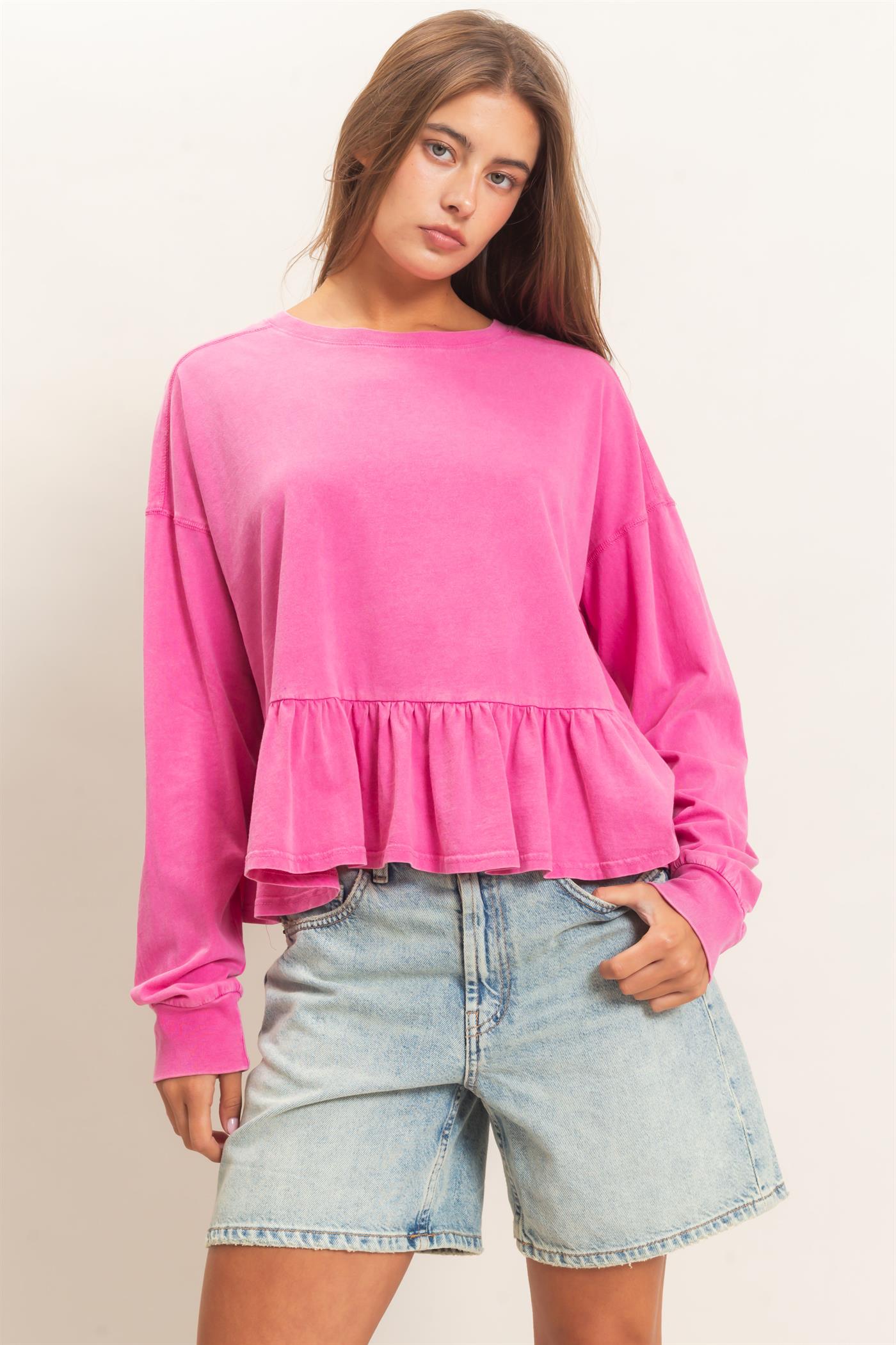 Wholesale Peplum Long Sleeve Top Clothing Tops DZ26F397 FUCHSIA DOUBLE ZERO