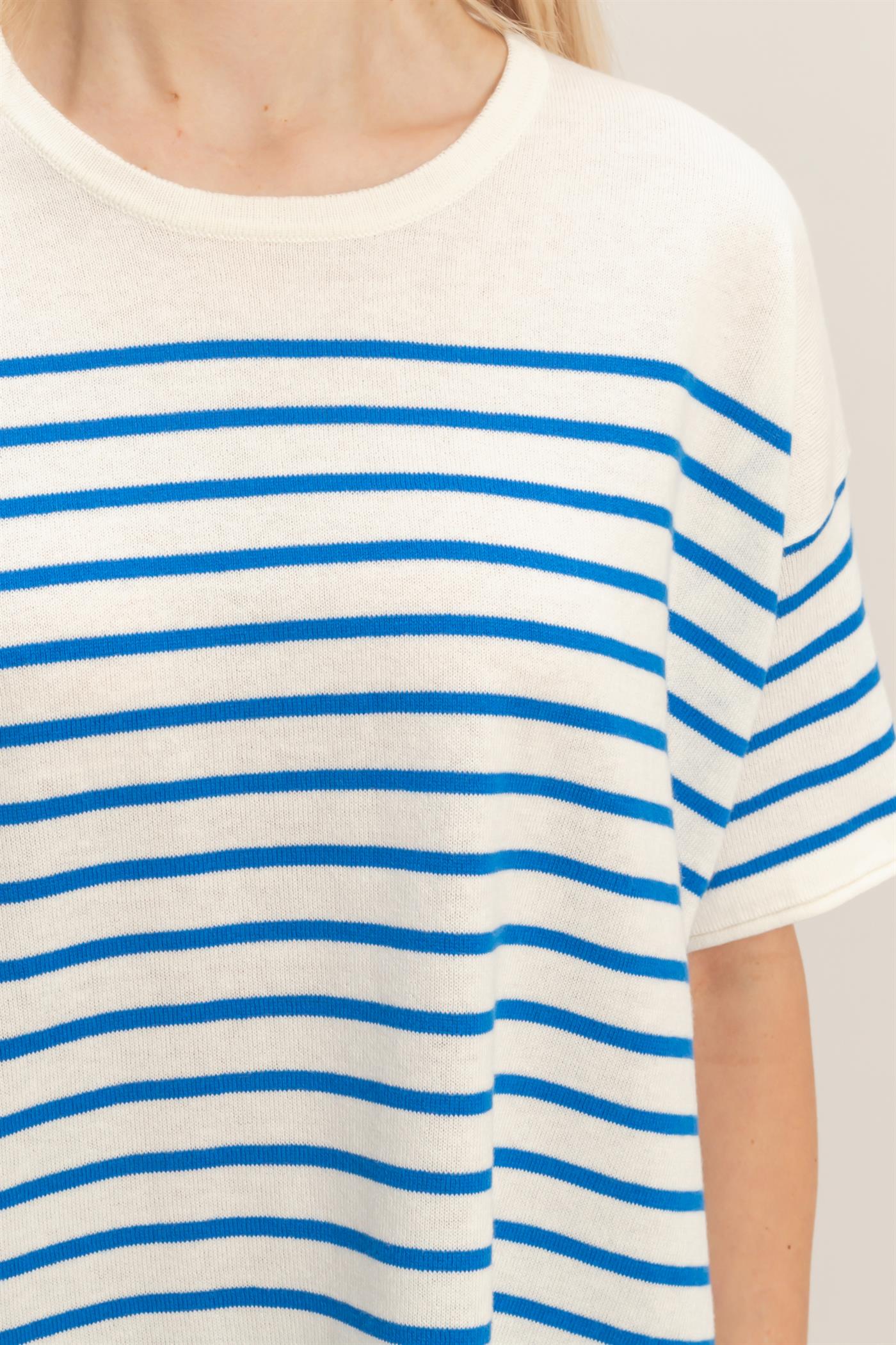 Wholesale Striped Short Sleeve Knit Top Clothing Tops DZ26A838 BLUE DOUBLE ZERO