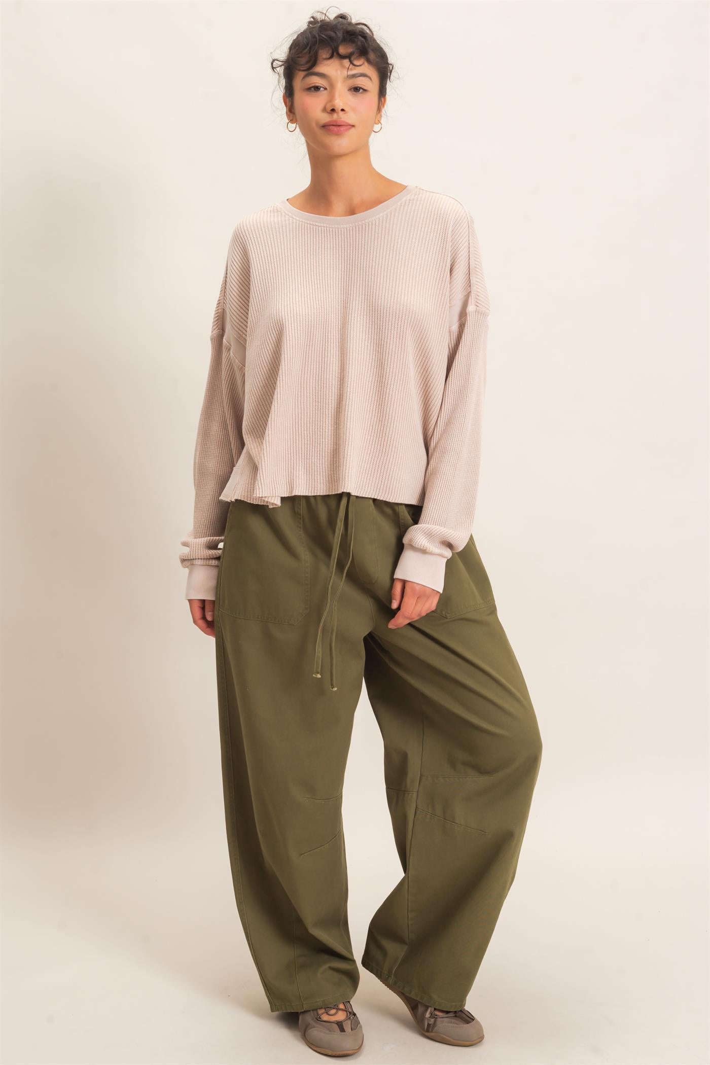 Wholesale Mineral Wash Waffle Open Back Top Clothing Tops DZ26C964 DARK TAUPE DOUBLE ZERO