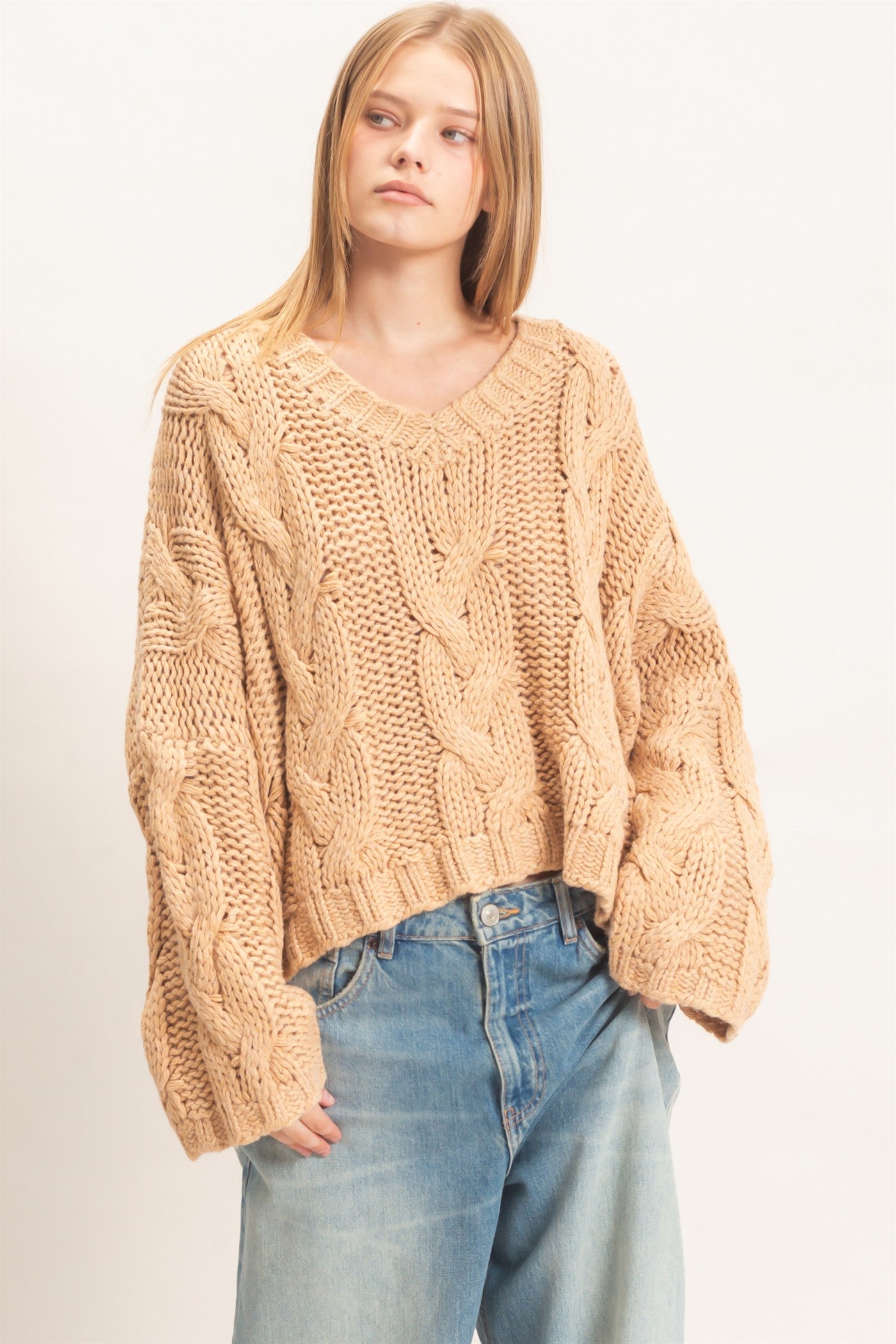 Wholesale Cable Knit V-Neck Sweater Sweaters HF26F175-D TAUPE HYFVE
