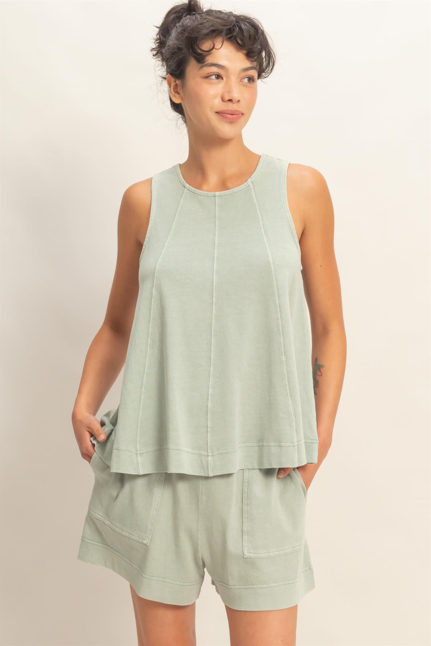 Wholesale Sleeveless Round Neck Top & Shorts Set Clothing DZ26C730-SET SAGE GREEN DOUBLE ZERO