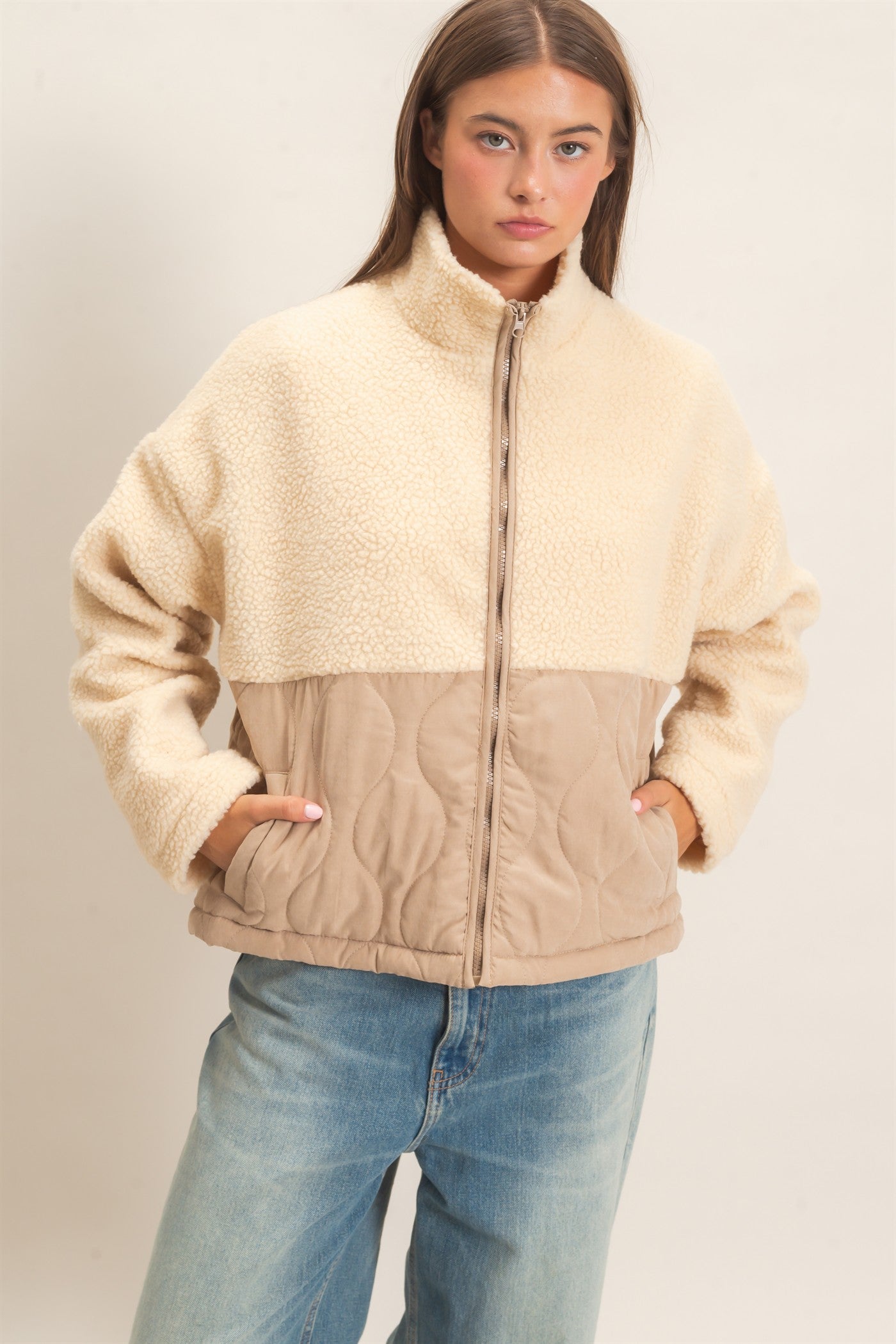 Wholesale Quilted Sherpa Zip Up Jacket Coats & Jackets DZ26F259 TAUPE DOUBLE ZERO
