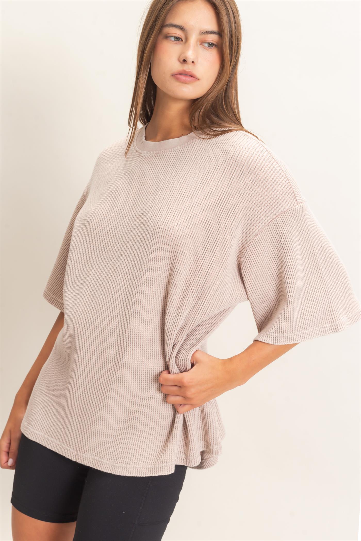 Wholesale Mineral Wash Waffle Crew Neck Short Sleeve Top Clothing Tops DZ26E328 LIGHT TAUPE DOUBLE ZERO