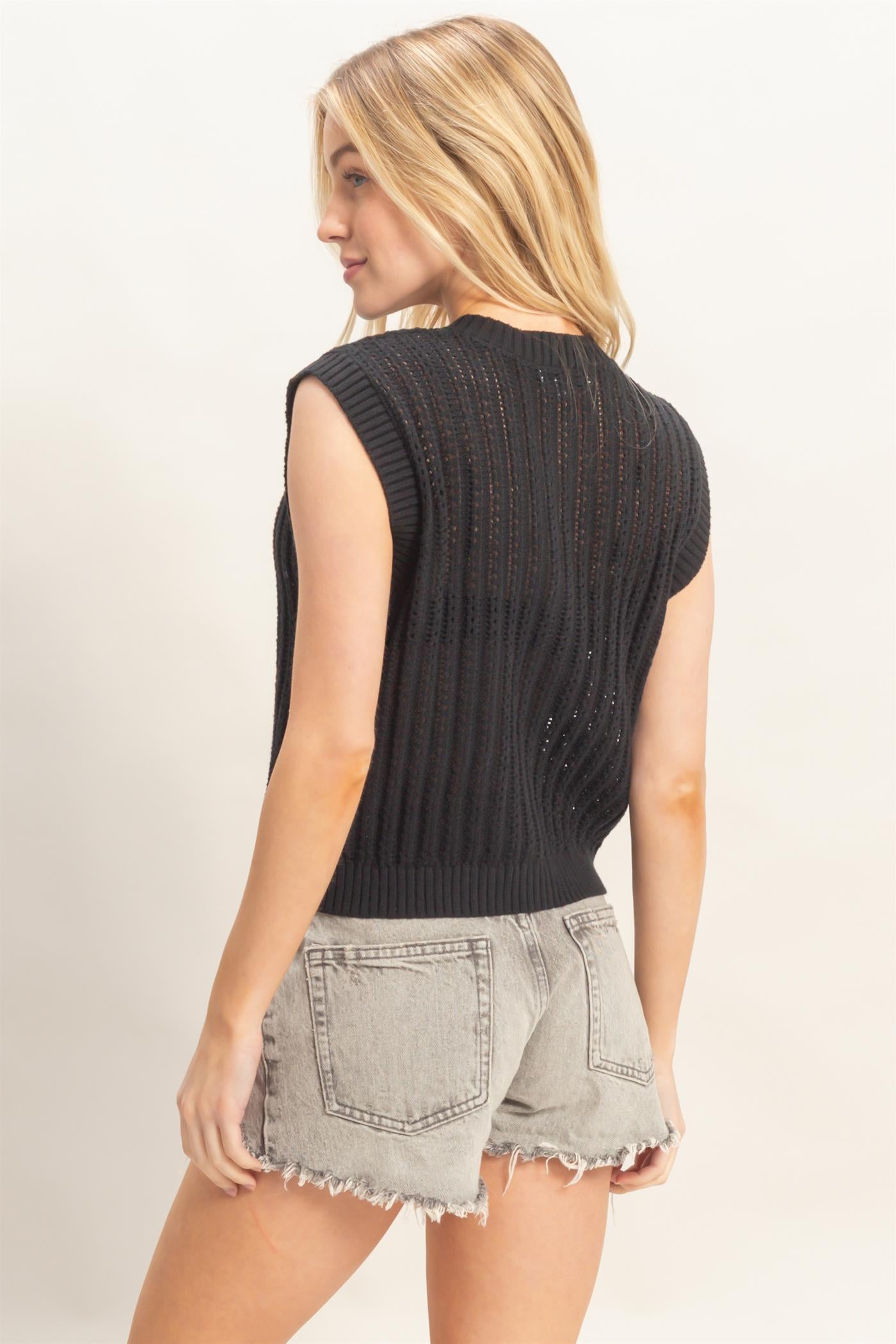 Wholesale Sleeveless Ribbed Button Top Sweaters HF26A356 BLACK HYFVE