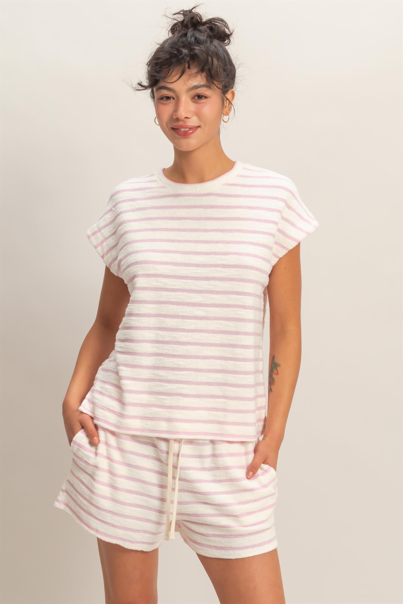 Wholesale Striped Round Neck Short Sleeve Top Clothing Tops DZ26A754 PINK DOUBLE ZERO