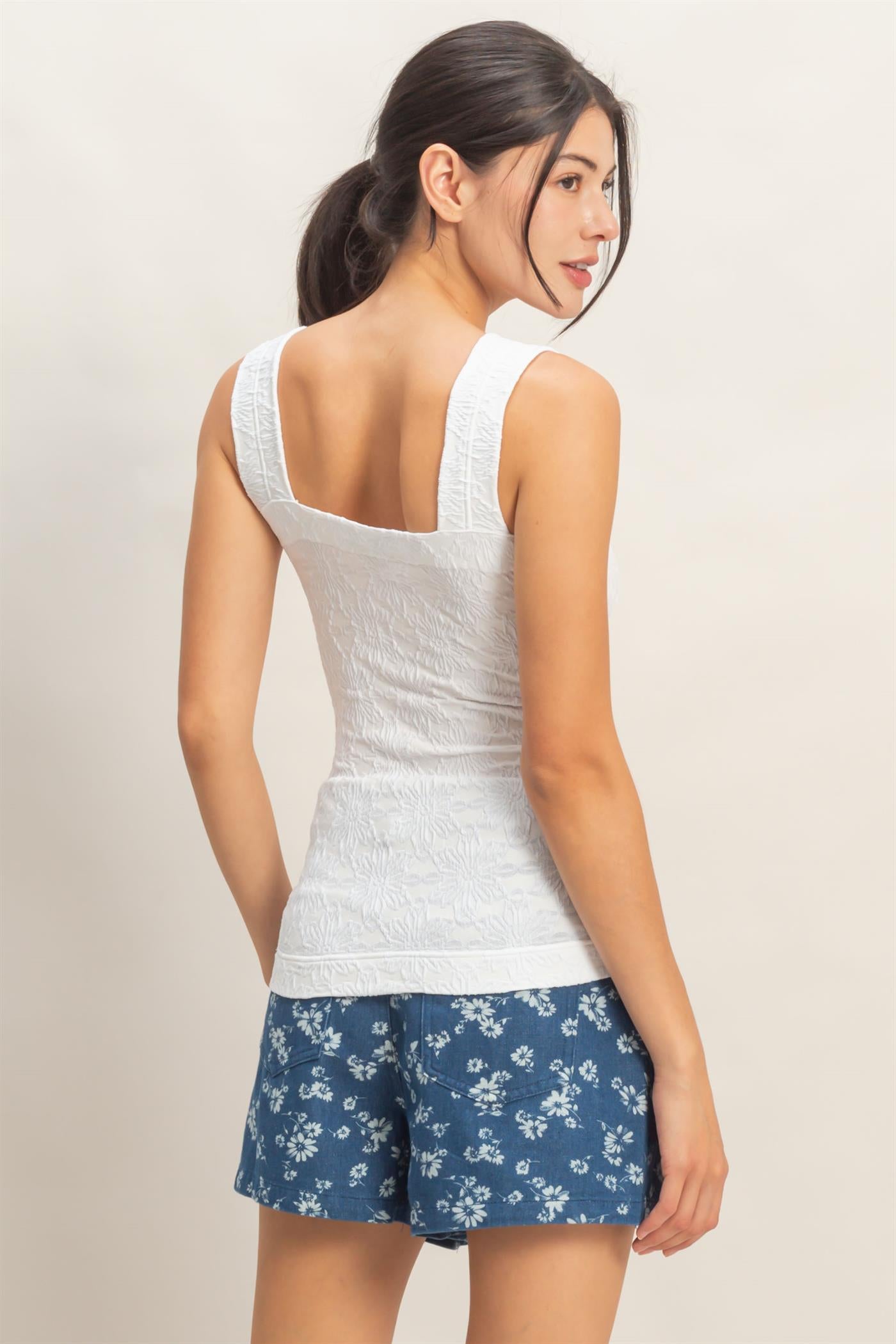Wholesale Floral Jacquard Square Neck Top Tank Tops HF26E337 WHITE HYFVE