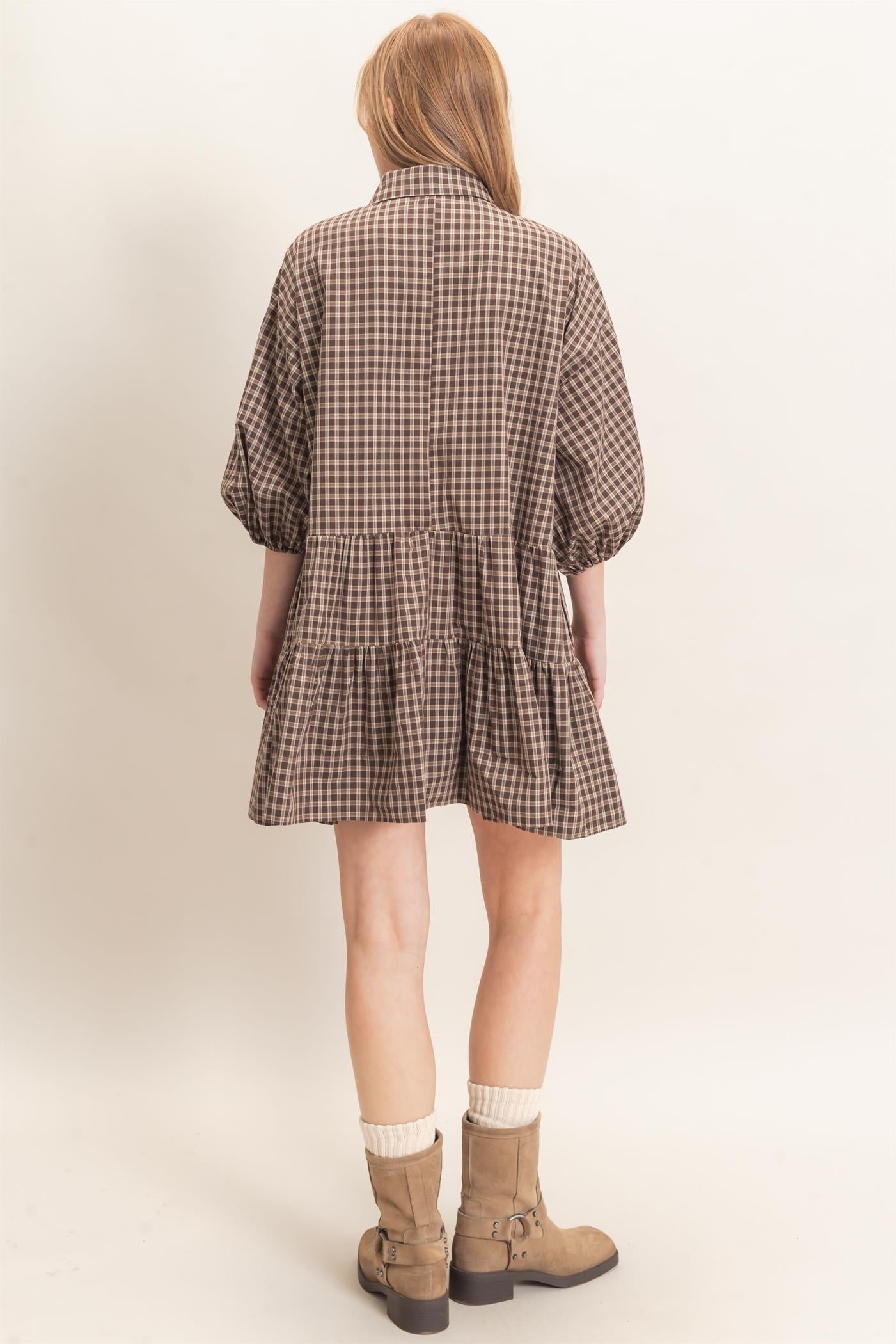 Wholesale Plaid Button-Down Tiered Dress Dresses HF26E795 BROWN HYFVE
