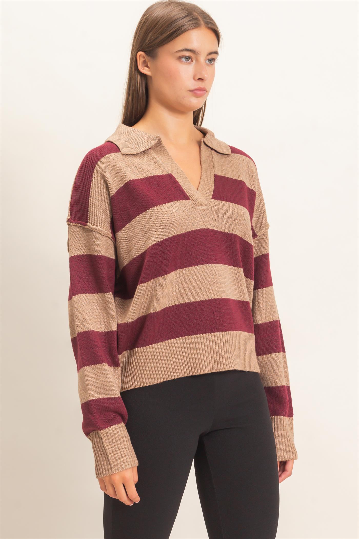 Wholesale Rugby Stripe Polo Sweater Sweaters DZ26E297 BURGUNDY DOUBLE ZERO