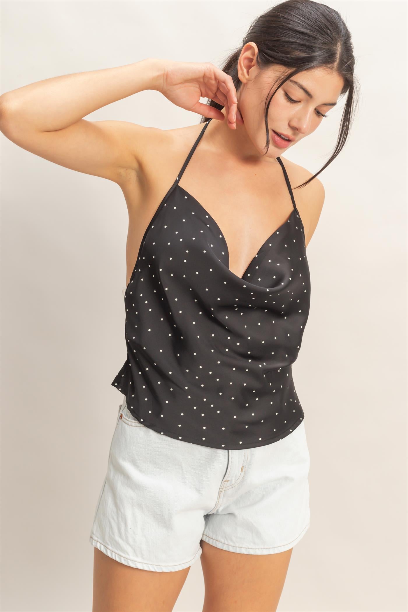 Wholesale Polka Dot Cowl Neck Halter Top Clothing Tops HF26C525 BLACK HYFVE