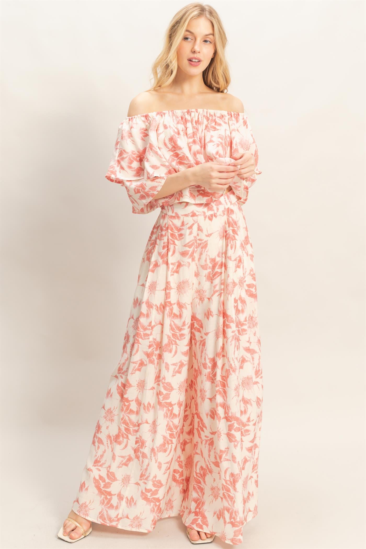 Wholesale Floral Off-Shoulder Top & Pants Set Clothing Tops HF26C832-SET CORAL HYFVE