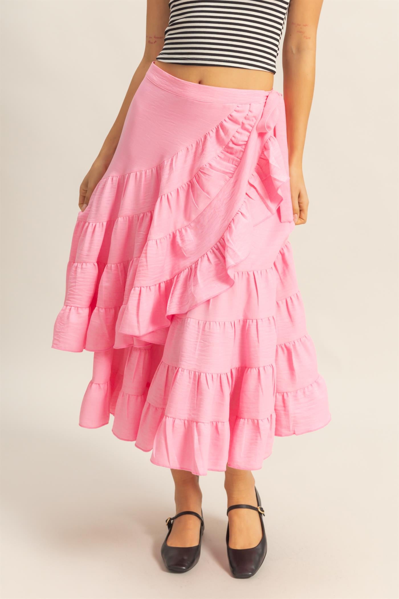 Wholesale High-Waist Tiered Wrap Maxi Skirt Skirts HF24F553 L.PINK HYFVE
