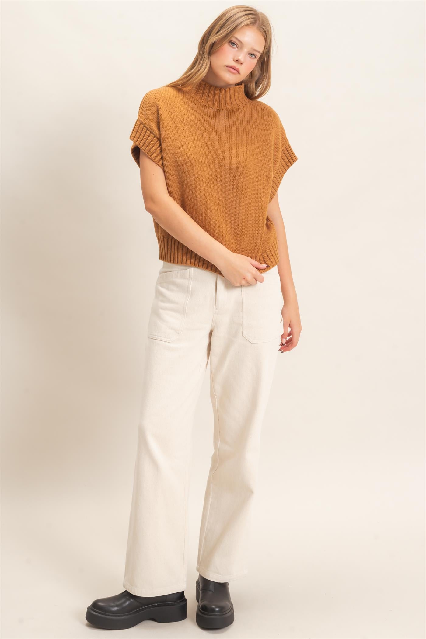 Wholesale Ribbed Mock Neck Sweater Vest Sweaters HF26F186-D BROWN HYFVE