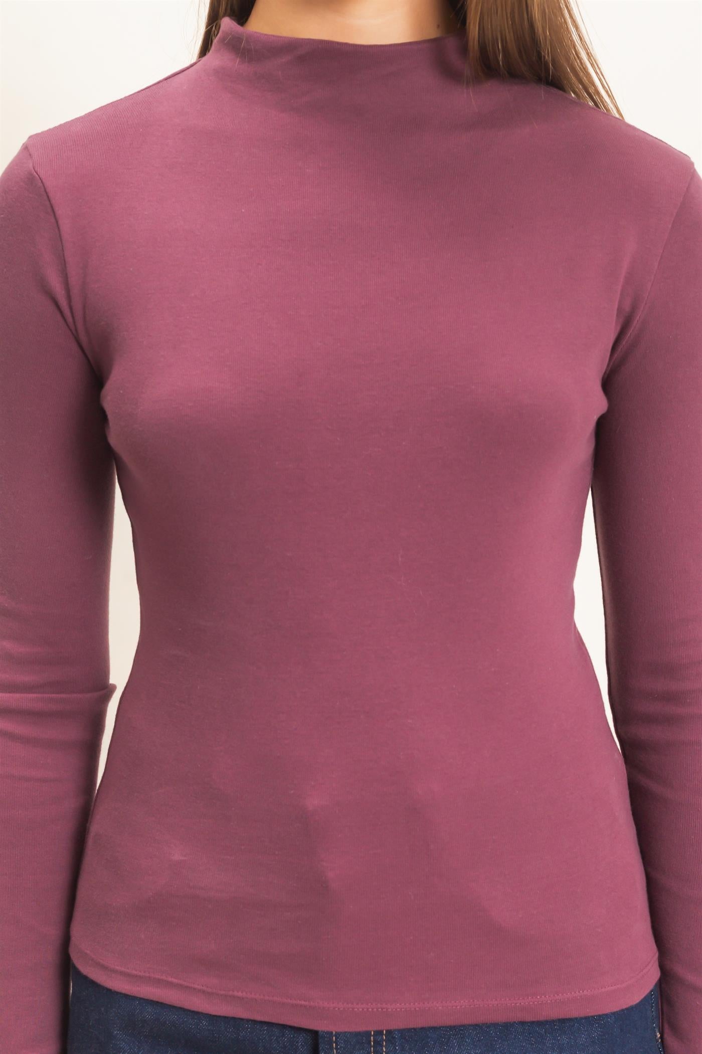Wholesale Mock Neck Long Sleeve Top Clothing Tops DZ26F281 DARK CHERRY DOUBLE ZERO