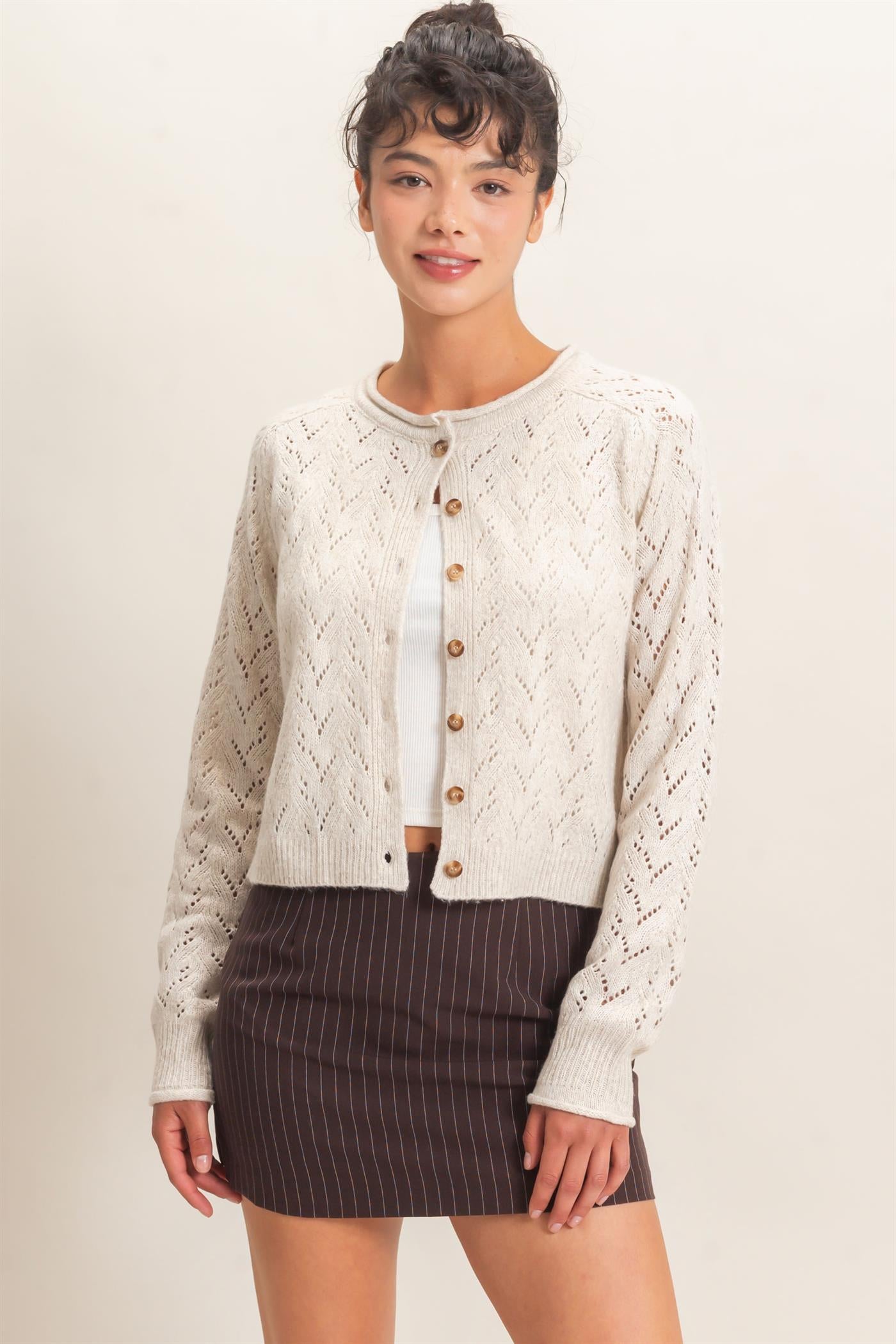 Wholesale Pointelle Knit Button Front Cardigan Cardigans DZ26C978 IVORY DOUBLE ZERO