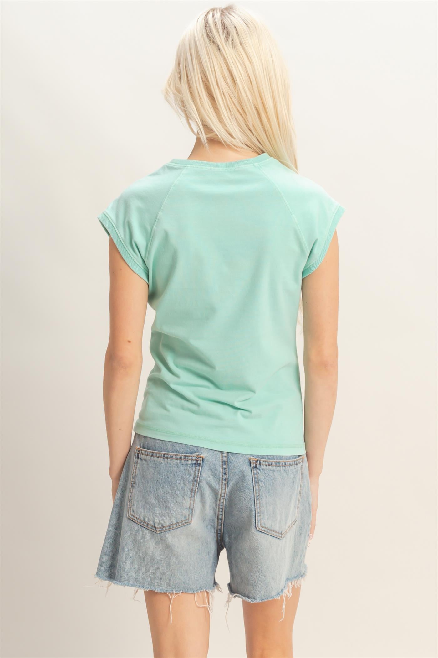 Wholesale Mineral Wash Raglan Short Sleeve Top T-Shirts DZ26A741 TURQUOISE DOUBLE ZERO