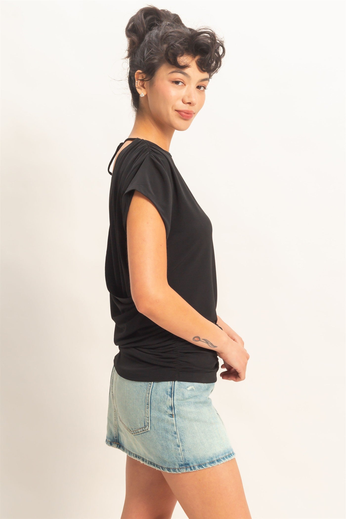 Wholesale Cowl Back Draped Cap Sleeve Top Clothing Tops DZ26C025 BLACK DOUBLE ZERO