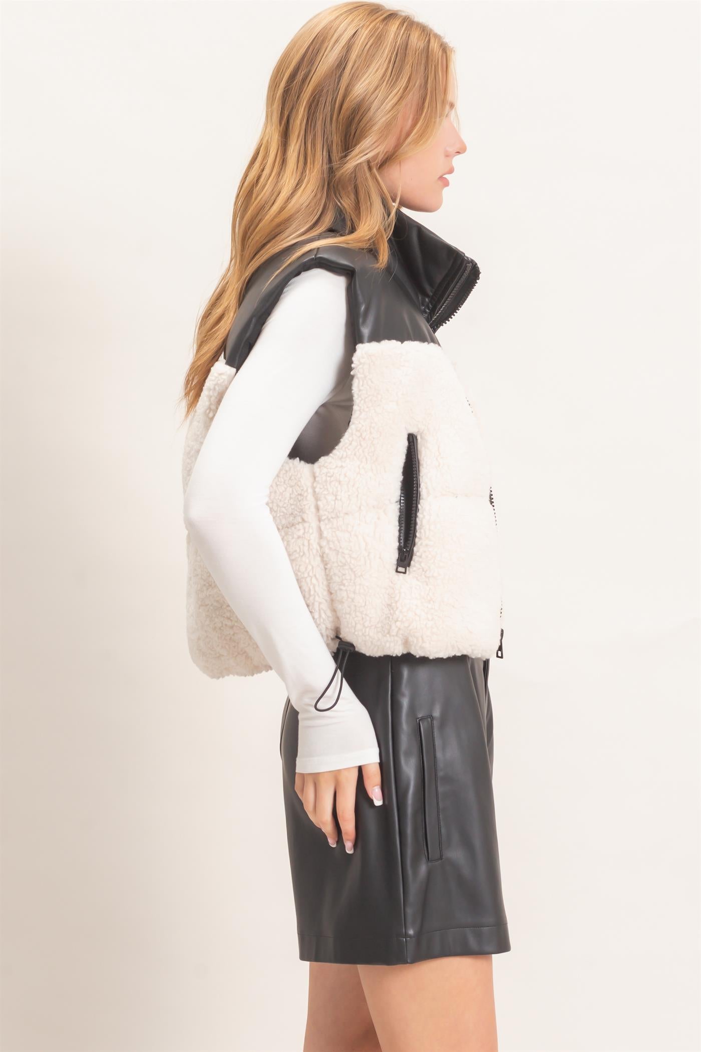 Wholesale Faux Fur & Pu Padded Vest Outerwear HF26F204 CREAM HYFVE
