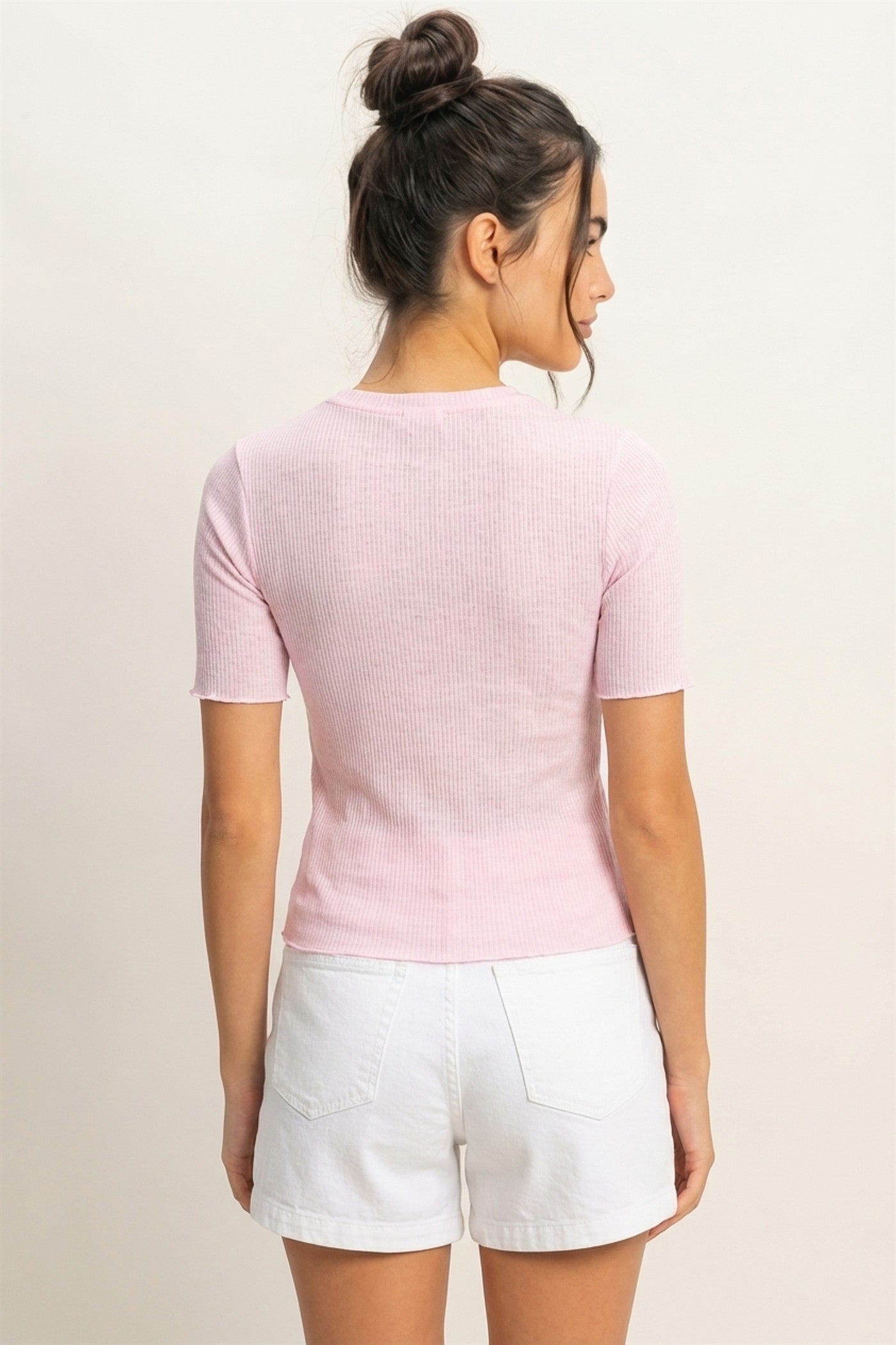 Wholesale Ribbed Short Sleeve Top Clothing Tops DZ24C197 PALE PINK DOUBLE ZERO