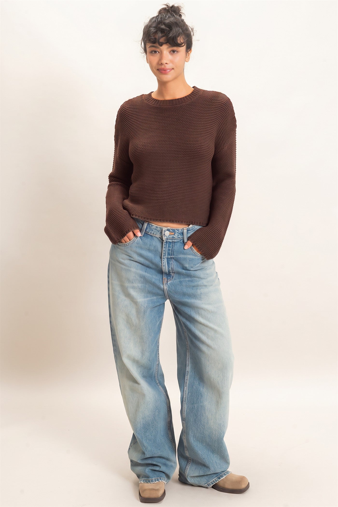 Wholesale Textured Knit Crew Neck Sweater Sweaters DZ26F395 DARK BROWN DOUBLE ZERO
