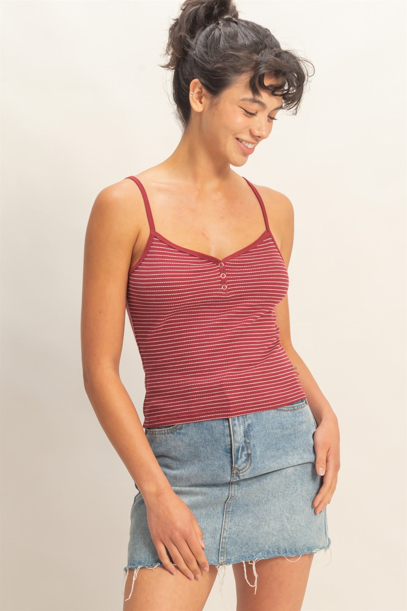 Wholesale Striped Snap-Button Henley Cami Top Camisoles DZ26A885 DARK RED DOUBLE ZERO