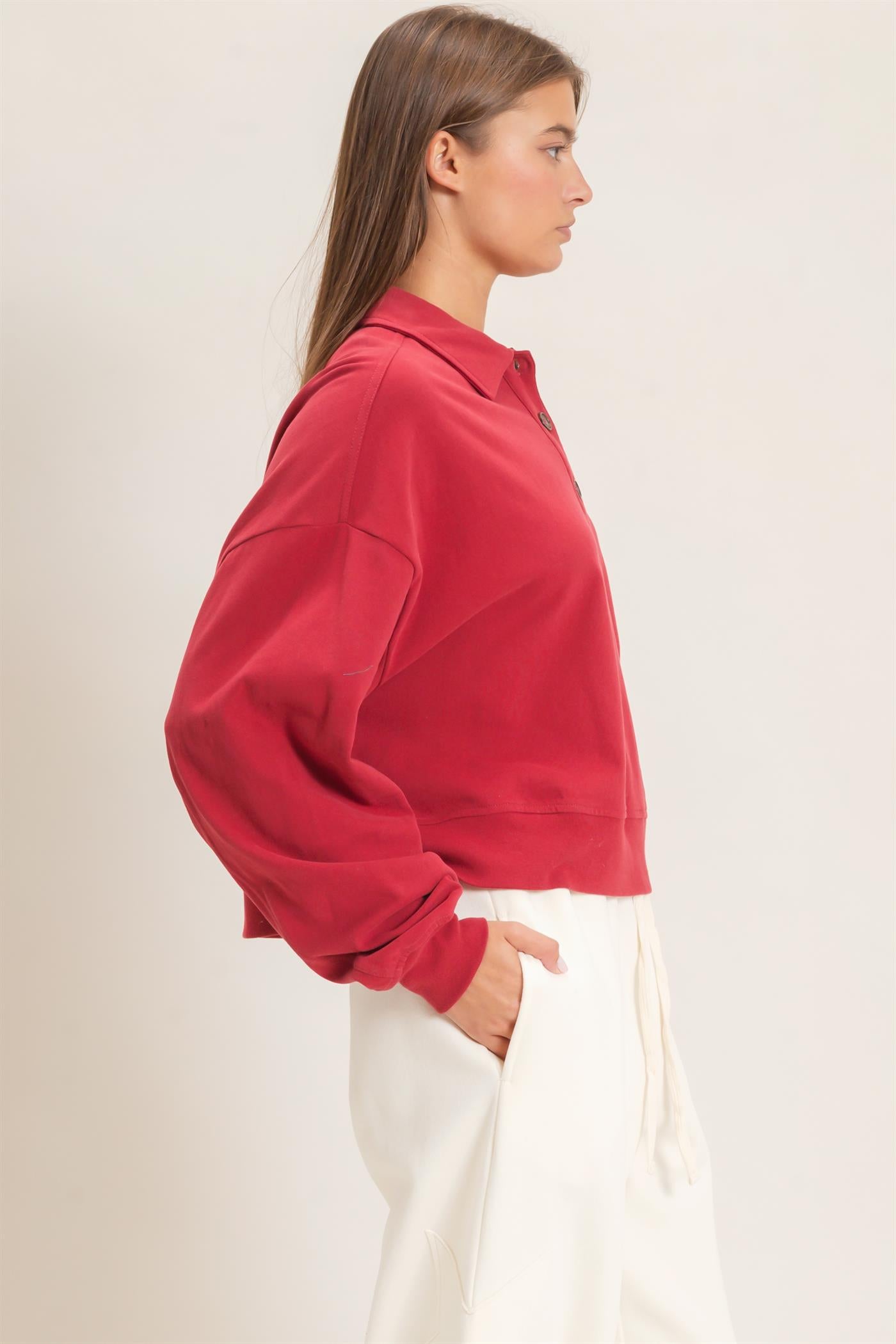 Wholesale Washed Button-Front Collared Sweatshirt Sweatshirts DZ26E390 DARK RED DOUBLE ZERO