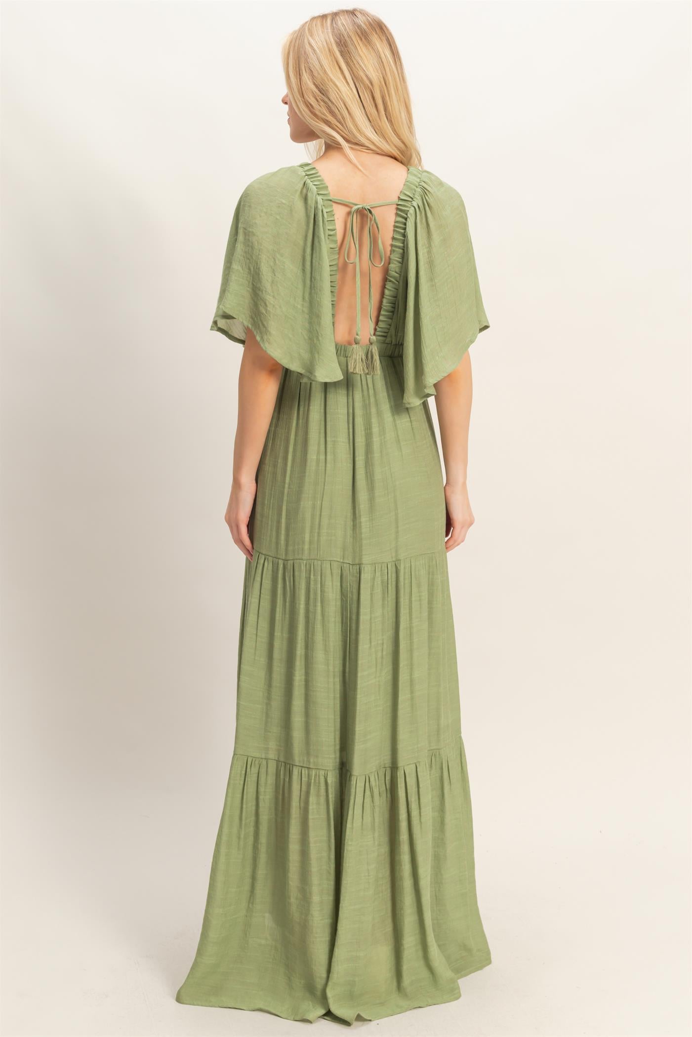 Wholesale Flutter Sleeve Maxi Dress Dresses HF26C285-D LIGHT OLIVE HYFVE