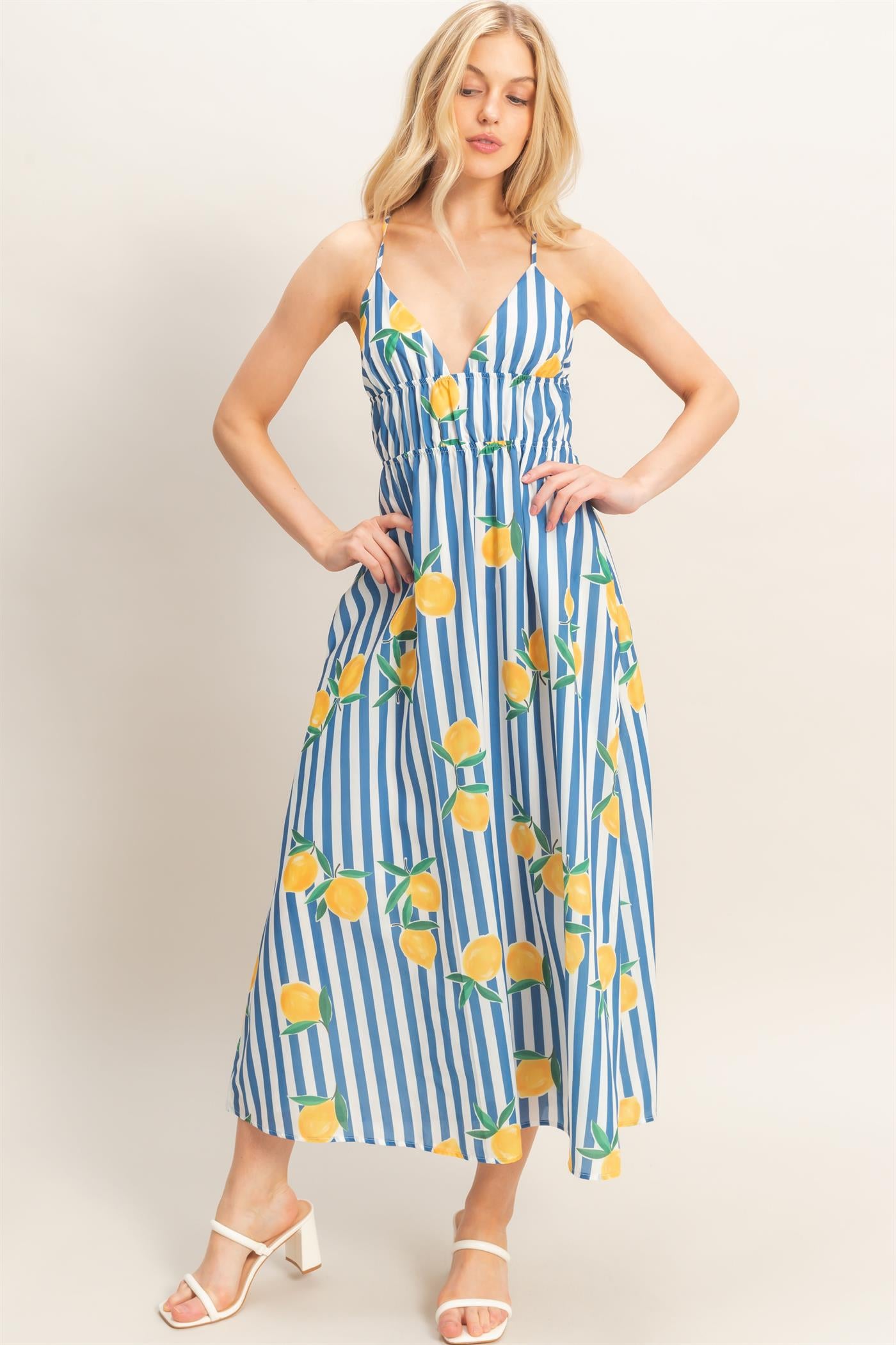 Wholesale Striped Lemon Print Midi Dress Dresses HF26C269 BLUE HYFVE