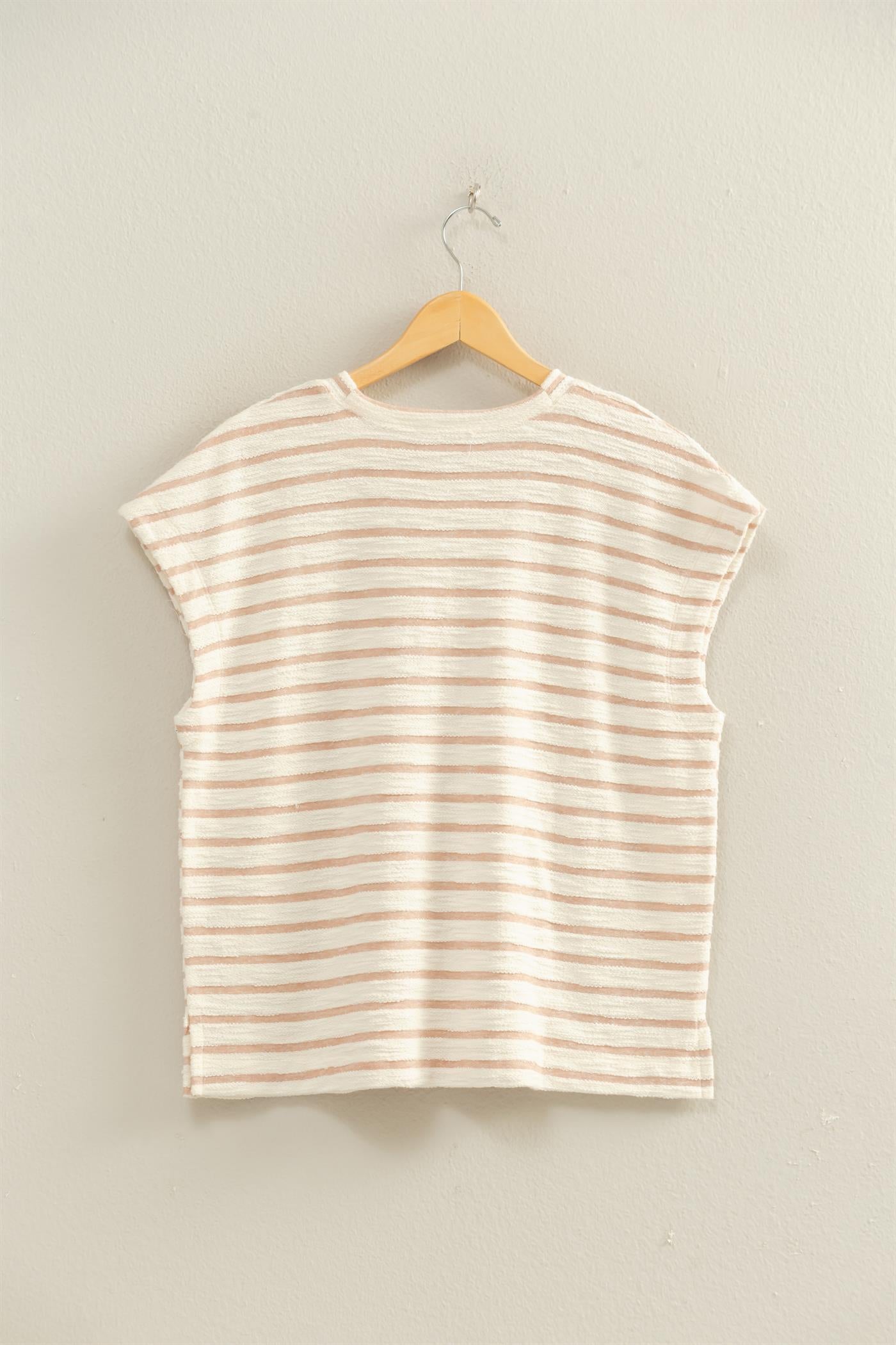 Wholesale Striped Round Neck Short Sleeve Top Clothing Tops DZ26A754 TAUPE DOUBLE ZERO