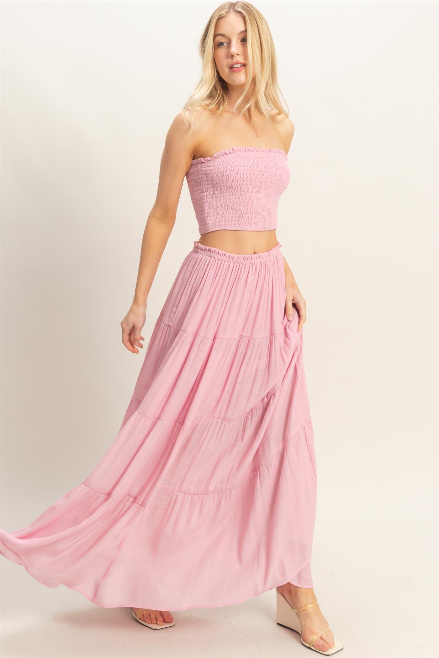 Wholesale Smocked Tube Top & Tiered Skirt Set Clothing HF26C289-SET-D PINK HYFVE