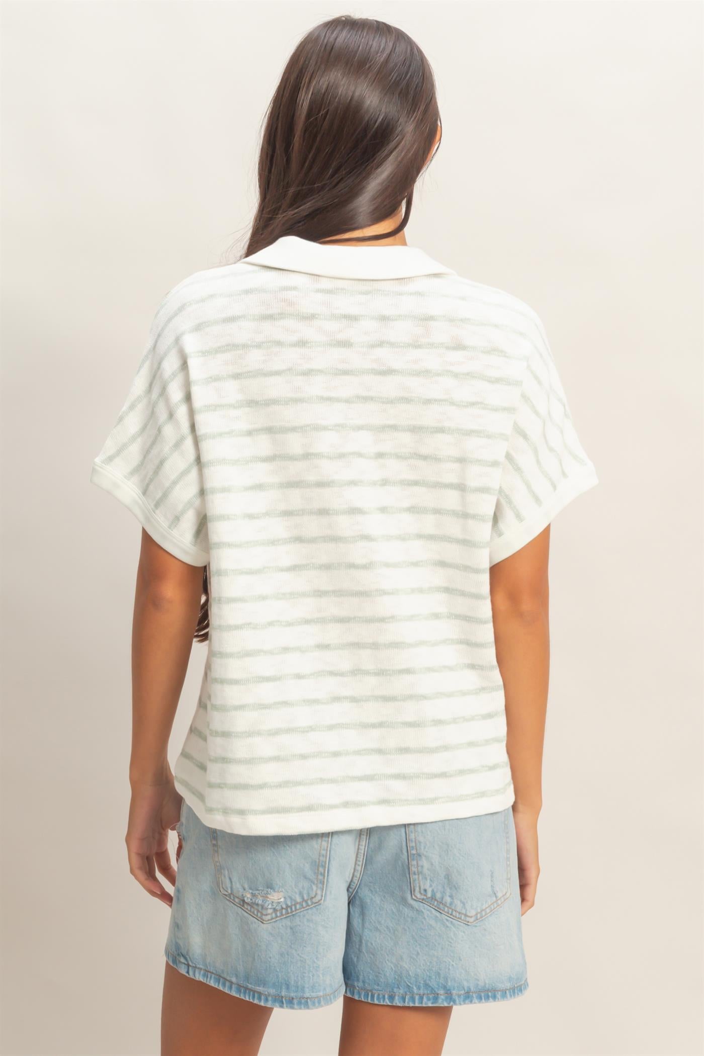 Wholesale Striped Dolman Sleeve V-Neck Collared Top Clothing Tops DZ26A452 SAGE GREEN DOUBLE ZERO