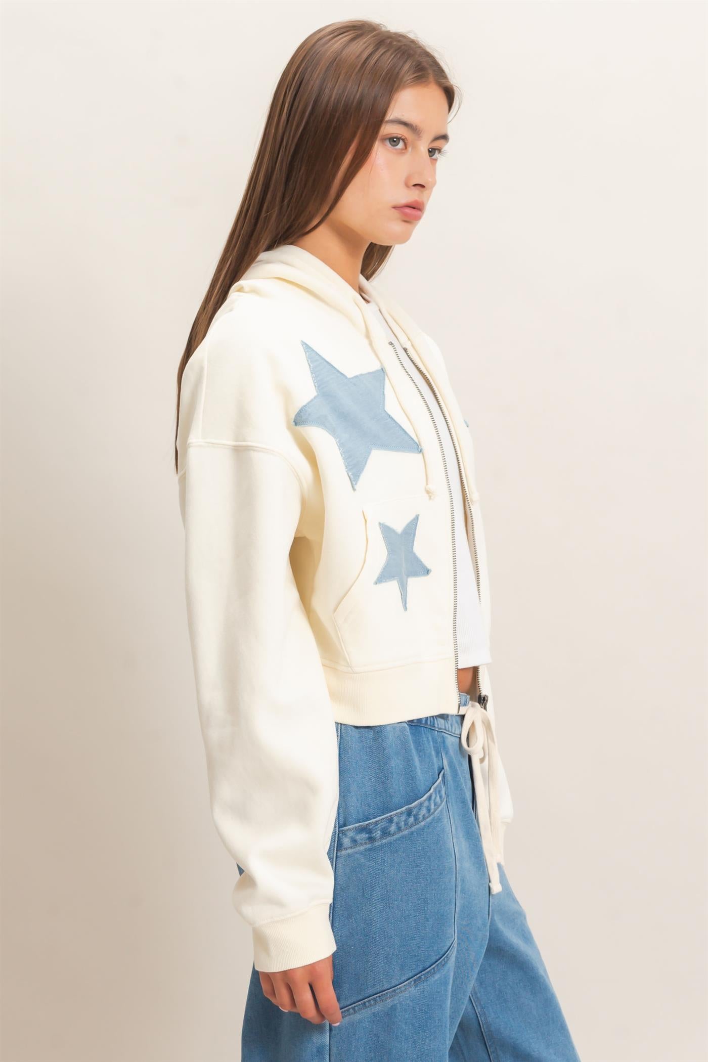 Wholesale Star Patch Zip-Up Hoodie Hoodies DZ26E828 CREAM DOUBLE ZERO