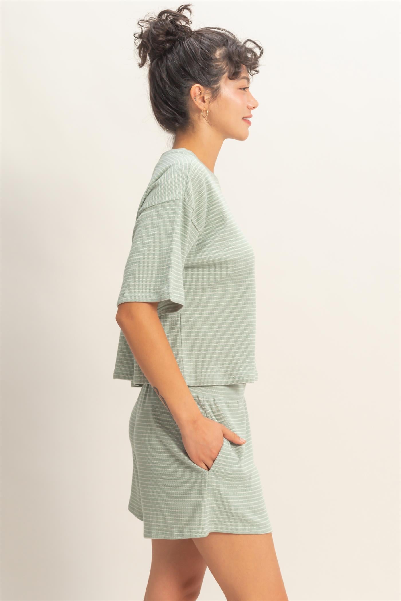 Wholesale Striped Round Neck Top & Shorts Set Clothing DZ26A045-SET SAGE GREEN DOUBLE ZERO