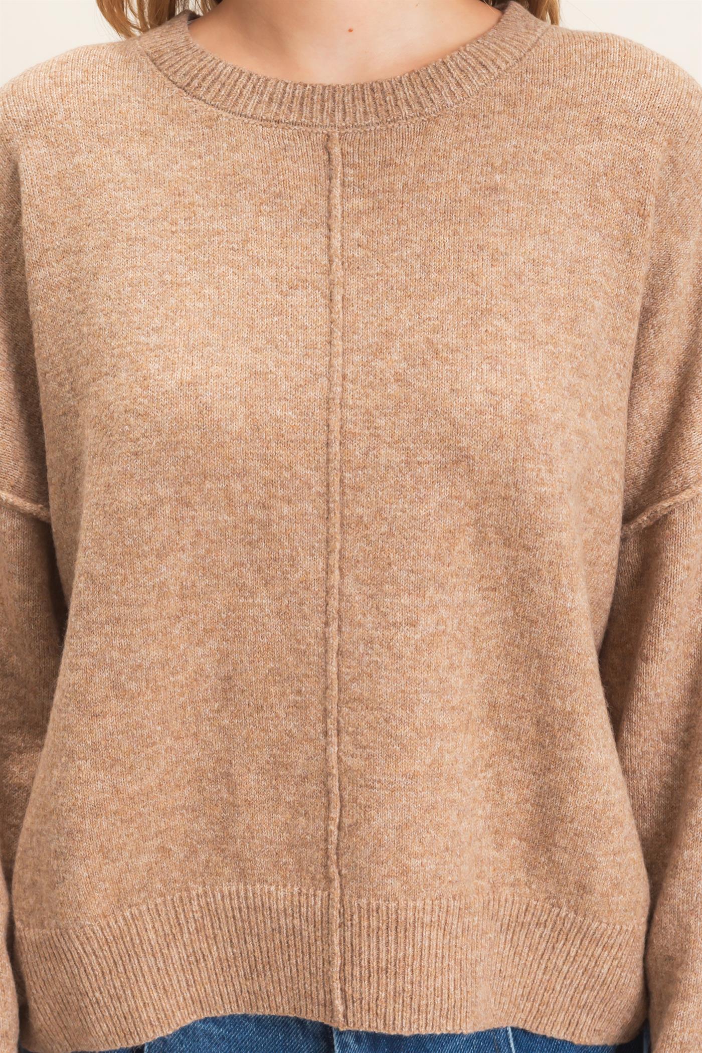 Wholesale Crew Neck Sweater With Ribbed Hem Sweaters HF26E203-D DARK TAUPE HYFVE
