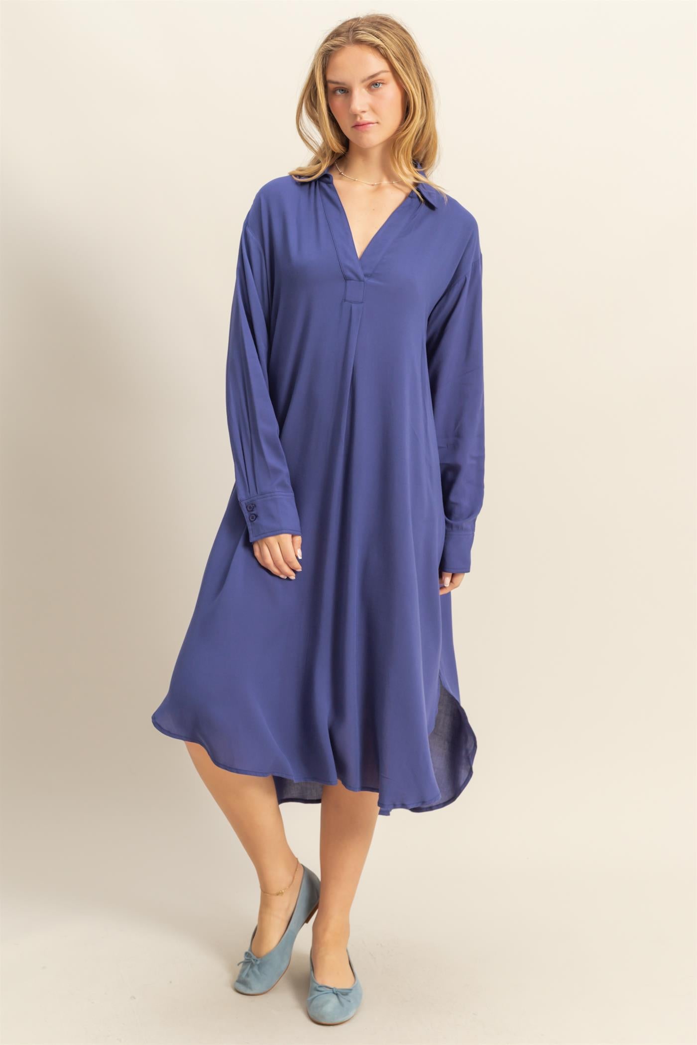 Wholesale V-Neck Long Sleeved Midi Shirts Dress Dresses DZ24E706 DUSTY INDIGO DOUBLE ZERO