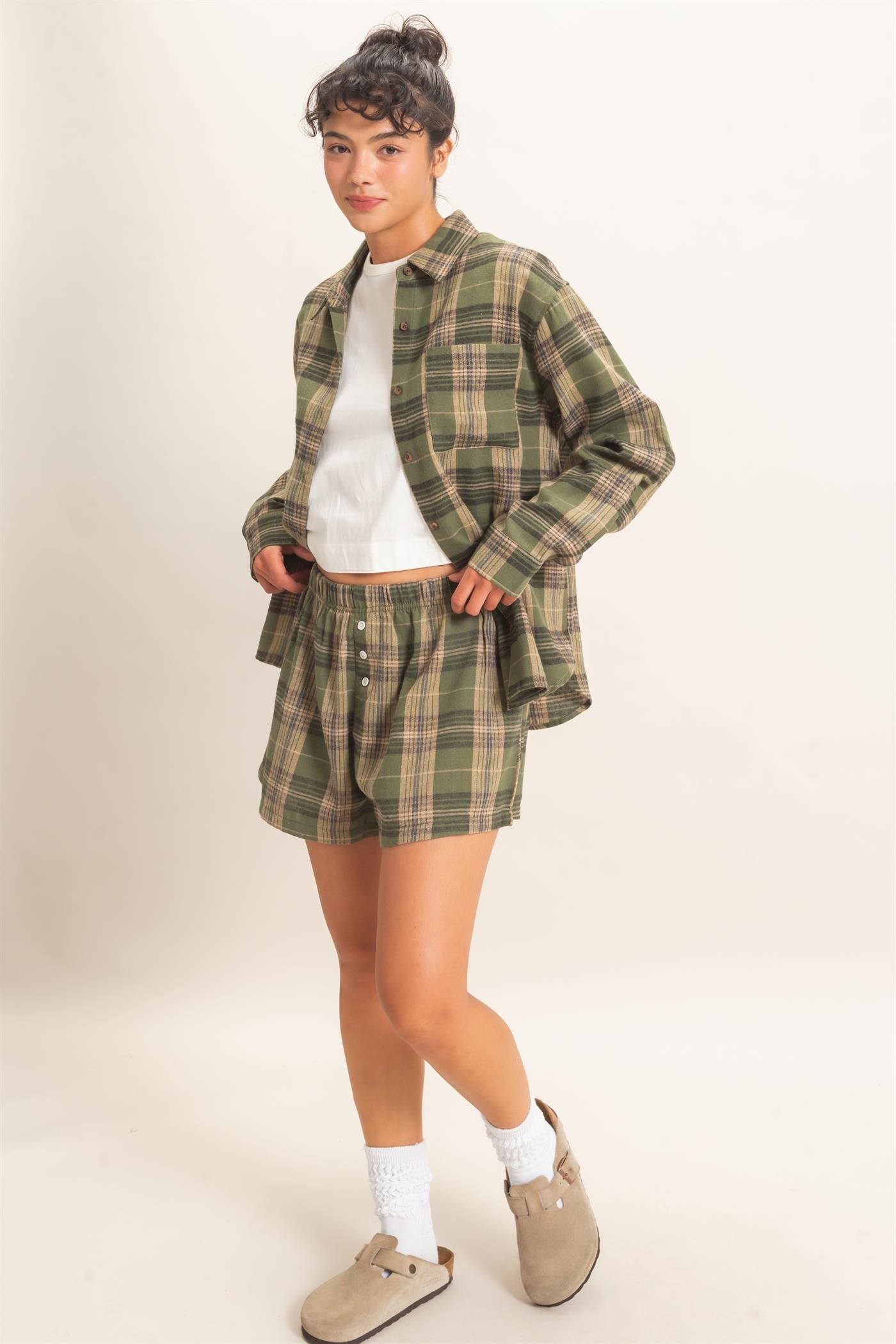 Wholesale Plaid Long Sleeve Shirt Shirts DZ26F275 OLIVE DOUBLE ZERO