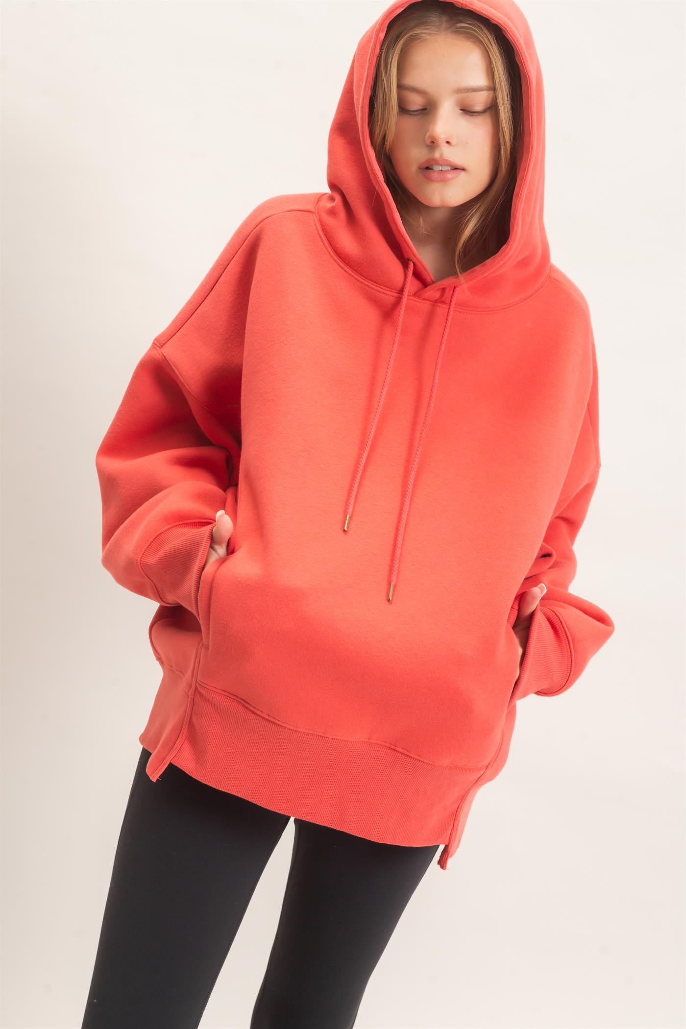 Wholesale Enzyme Wash Drop Shoulder Hoodie Hoodies HF26E235 TOMATO HYFVE