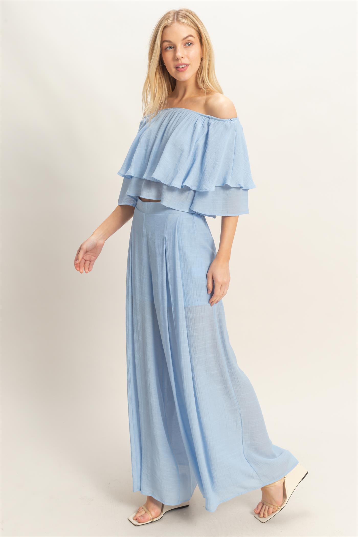 Wholesale Off Shoulder Top & Pleated Pant Set Clothing HF26C291-SET-D POWDER BLUE HYFVE