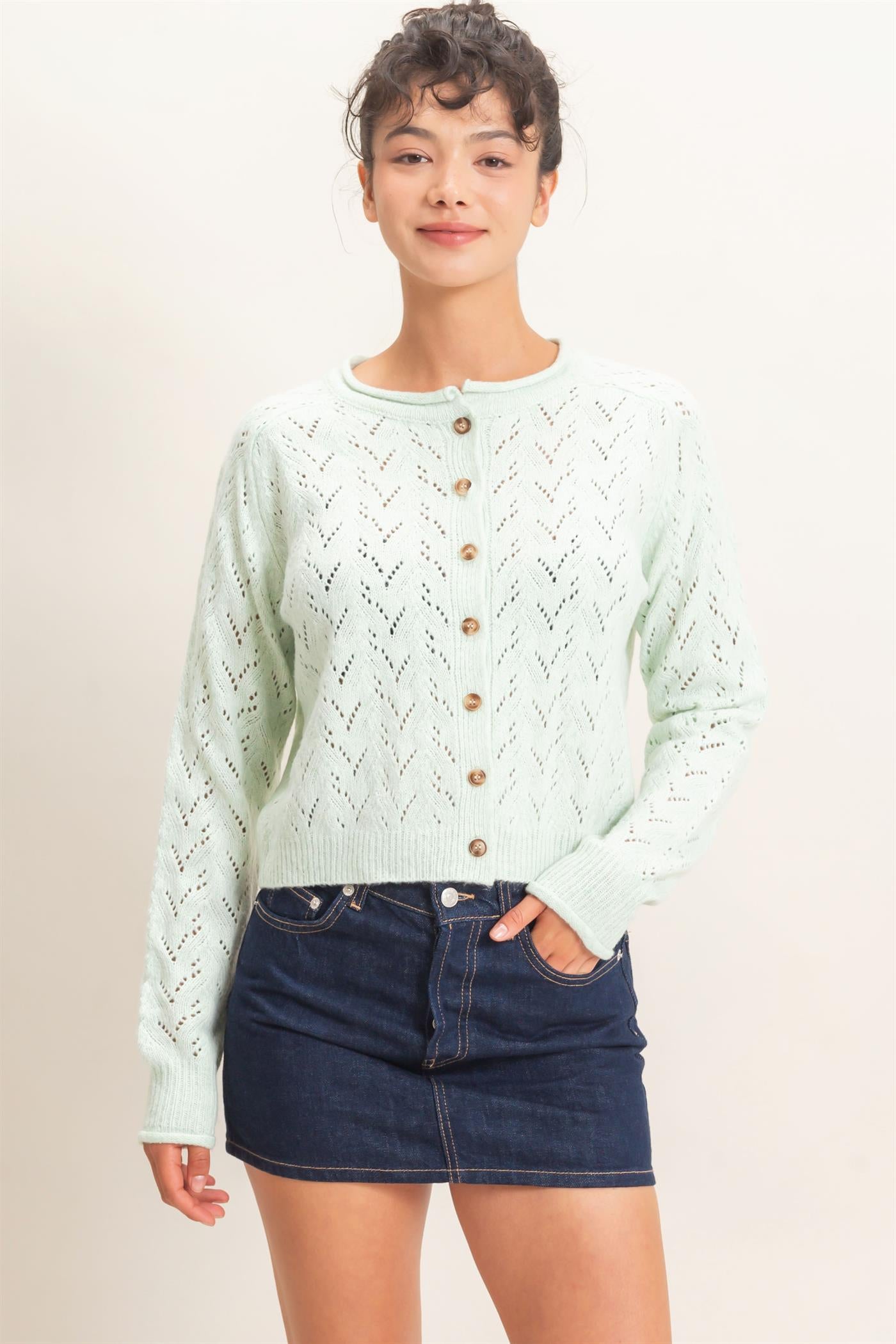 Wholesale Pointelle Knit Button Front Cardigan Cardigans DZ26C978 PALE GREEN DOUBLE ZERO